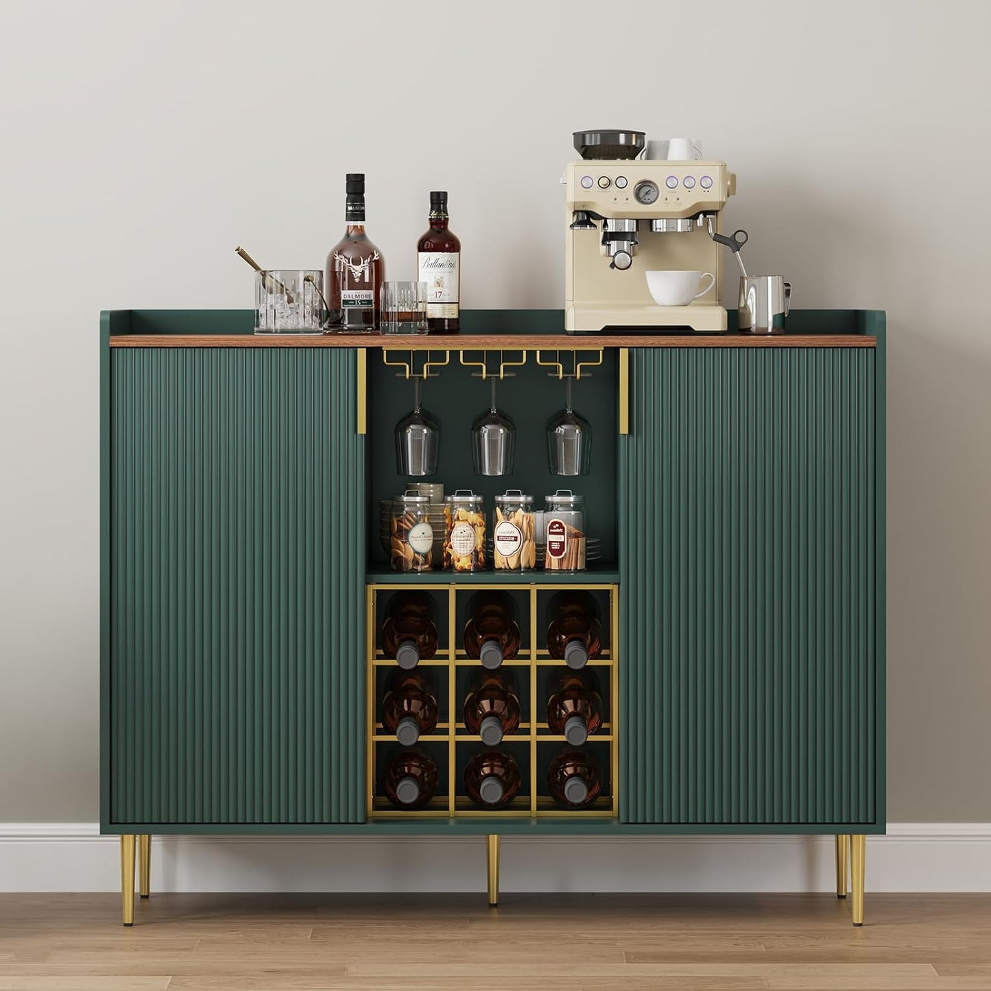 ARTPOWER 48" Wine Bar Cabinet with Fluted Texture, Modern Buffet Sideboard with Wine Rack and Glass Holder, Liquor Coffee Station with Storage for Kitchen, Living Room, Home Bar, Green