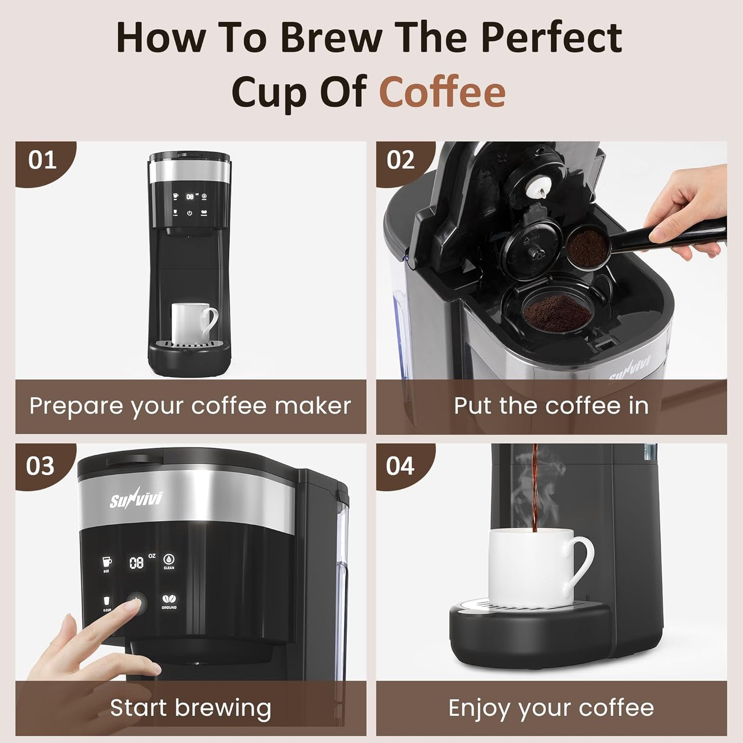 SUNVIVI Iced Coffee Maker, Single Serve Coffee Maker with 3 Brewing Options for K Cup Pod or Ground Coffee, 30oz Removable Water Reservoir & Reusable Filter, Ideal for Home & Office, Black