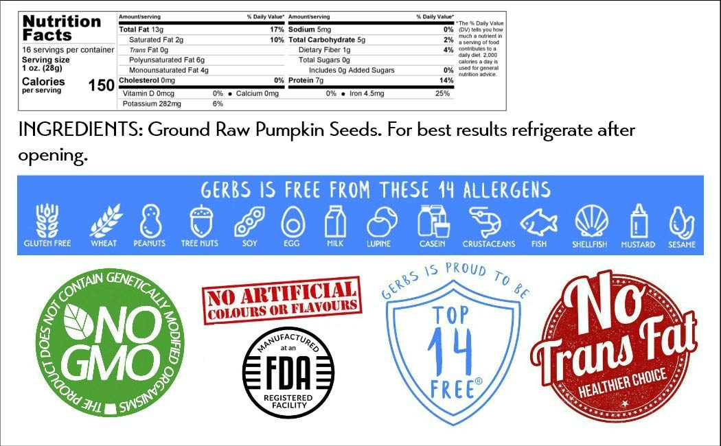 GERBS Pumpkin Seed Meal 1 LB. Premium Grade | Freshly Harvested & Packaged in Resealable Bulk Bag | Non-GMO, Keto & Paleo | Heart healthy, Natural Sleep Aid & antioxidant rich | Gluten Peanut Free
