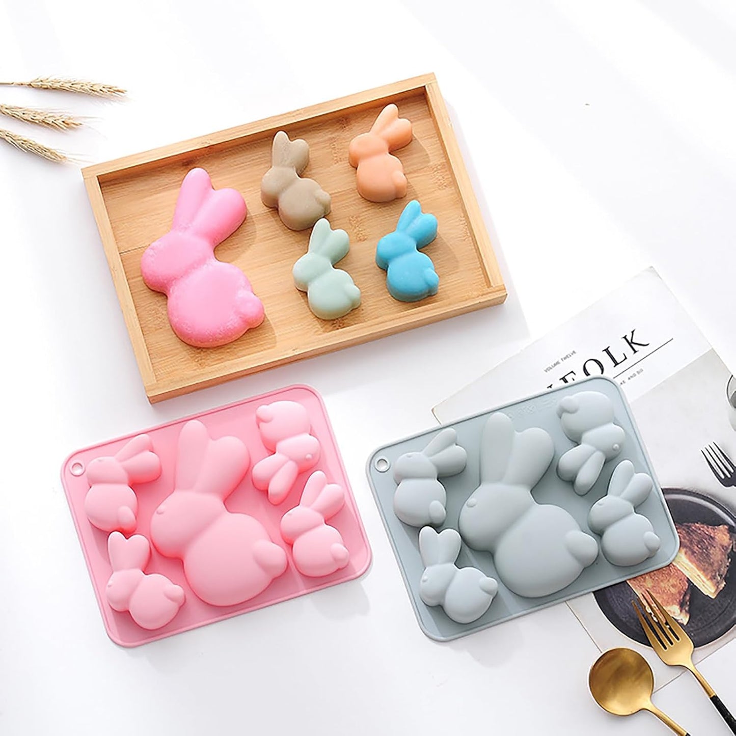 2 Pack Bunny Silicone Molds, 5-Cavity Easter Bunny Chocolate Tray Molds, Bunny Baking Molds for Jellies, Candies, Ice Cubes, Wax Melts, Soaps, Cake Decoration