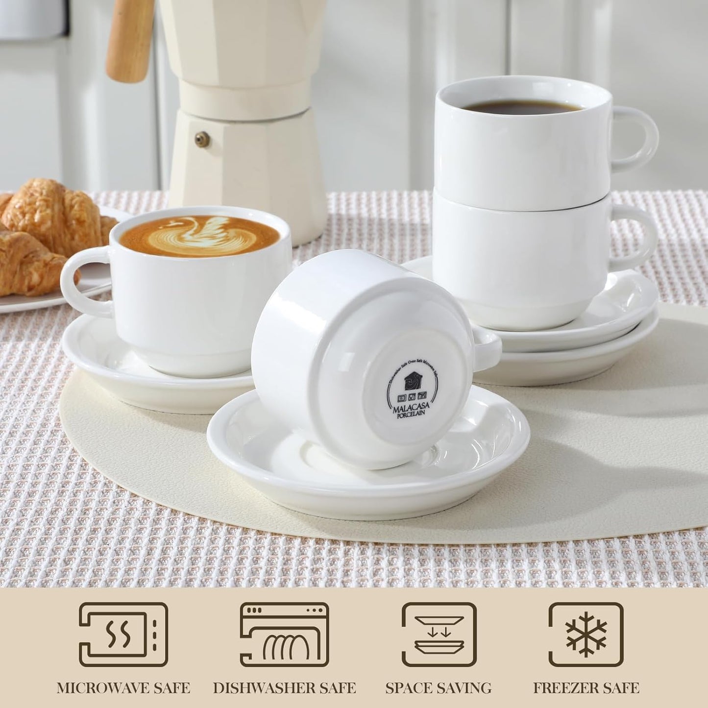 MALACASA 8 OZ Porcelain Espresso Cups with Saucers and Metal Stand Set of 4, Stackable Cappuccino Cups, White Expresso Shots Cup Set for Coffee Drinks, Latte, Tea