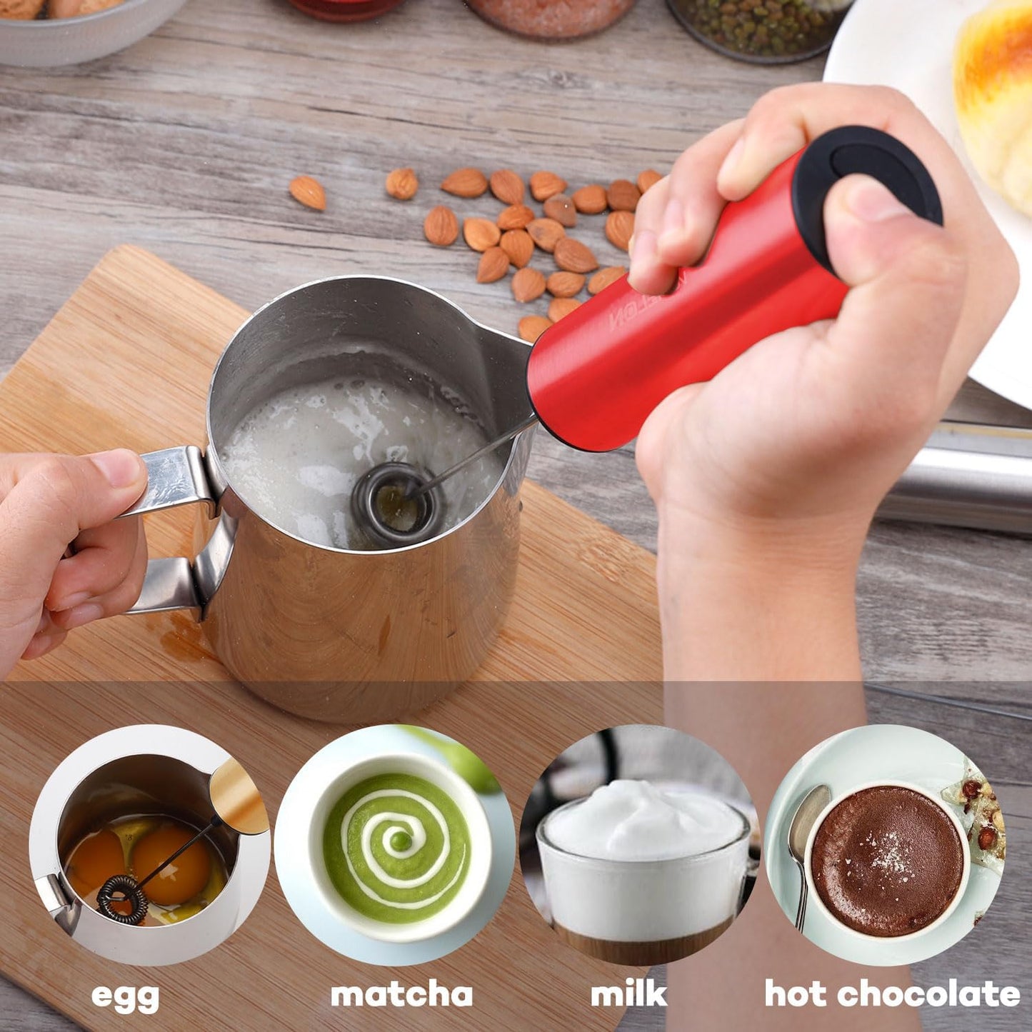 Milk Frother, Rechargeable Battery Operated Frother for Coffee,Portable Drink Mixer with 2 Stainless Steel Whisk Heads,Milk Foamer for Keto Coffee, Latte, Cappuccino, Hot Chocolate,Rube Red