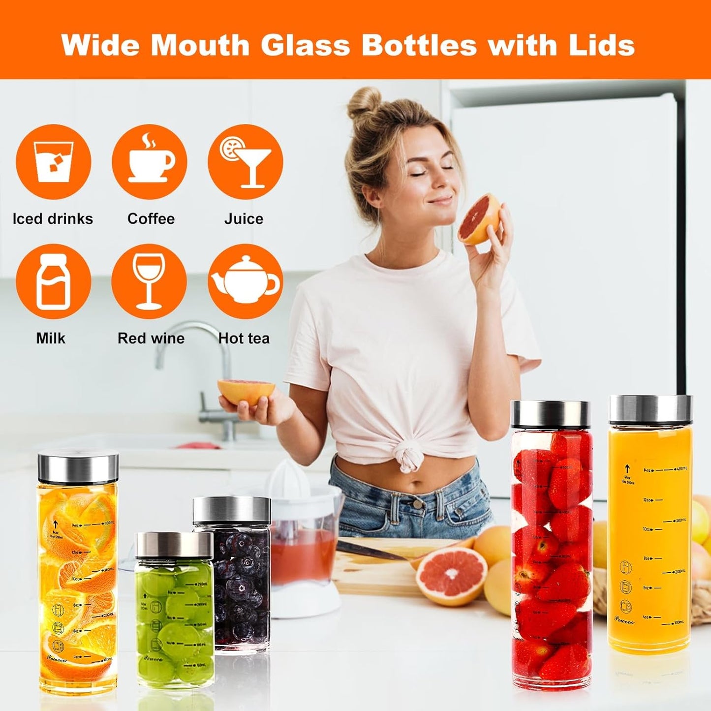 Glass Juice Bottles 4 Pack 10 oz - Wide Mouth Glass Water Bottles with Lids - for Juicing, Protein, Smoothie, Milk, Reusable, BPA Free, Stainless Steel Lids, Blender, Shaker Bottle [10oz/300ml]