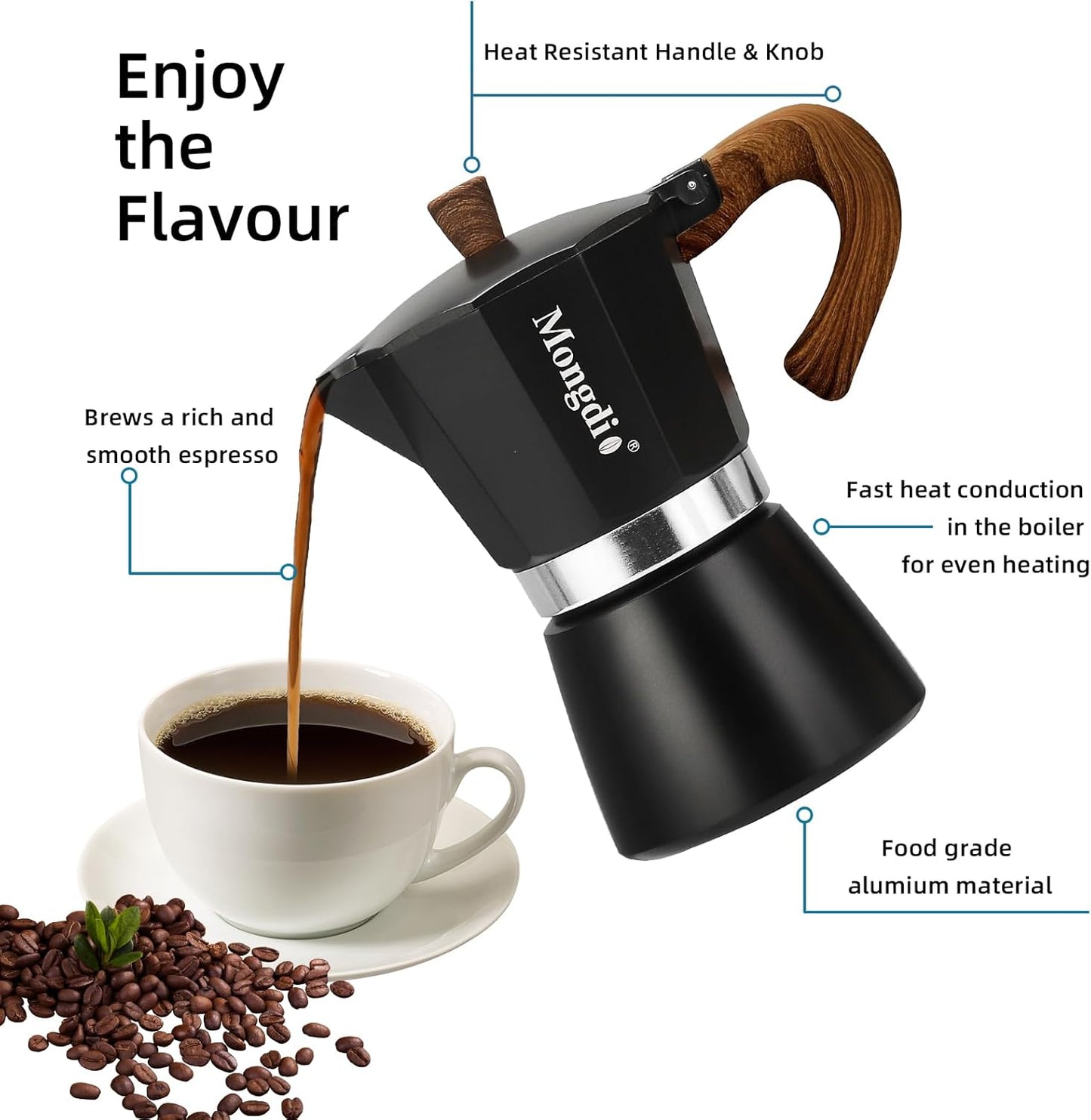 Mongdio Stovetop Espresso Maker Moka Pot, Cuban Coffee Maker Stove top coffee maker Moka Italian Espresso Greca Coffee Maker Brewer Percolator, 6 Espresso Cups, 10 oz - Black