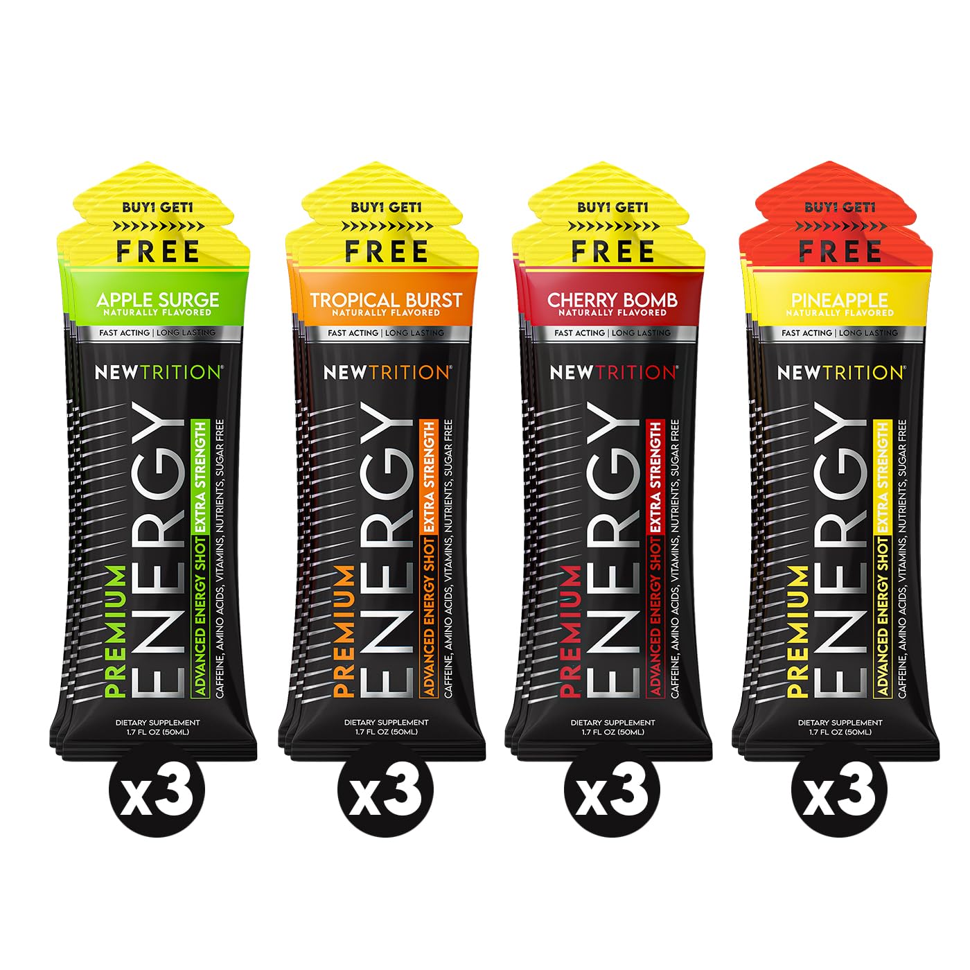 NewTrition® Extra Strength Energy Shots, 250mg Caffeine Energy Shots with Vitamin B & Amino Acids, Sugar-Free Vitamin Energy Shot, 1.7 fl oz (Pack of 12, 4 Flavors-Mixed-2)