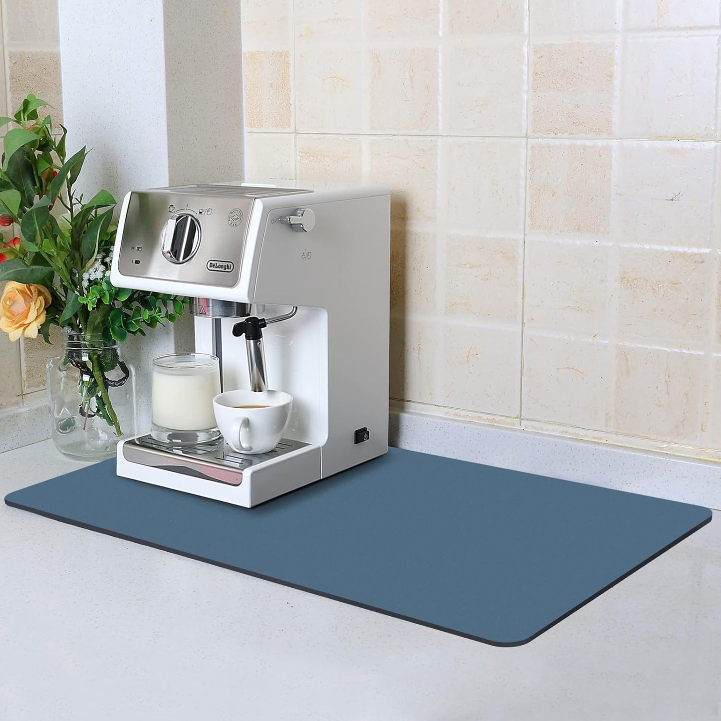 ZLR Coffee Mat - 12" x 20" Middle Kitchen Hide Stain Absorbent Dish Drying Mat for Countertop - Easy to Clean Coffee Bar Mat for Espresso Machine and Spill Protection - Navy Blue