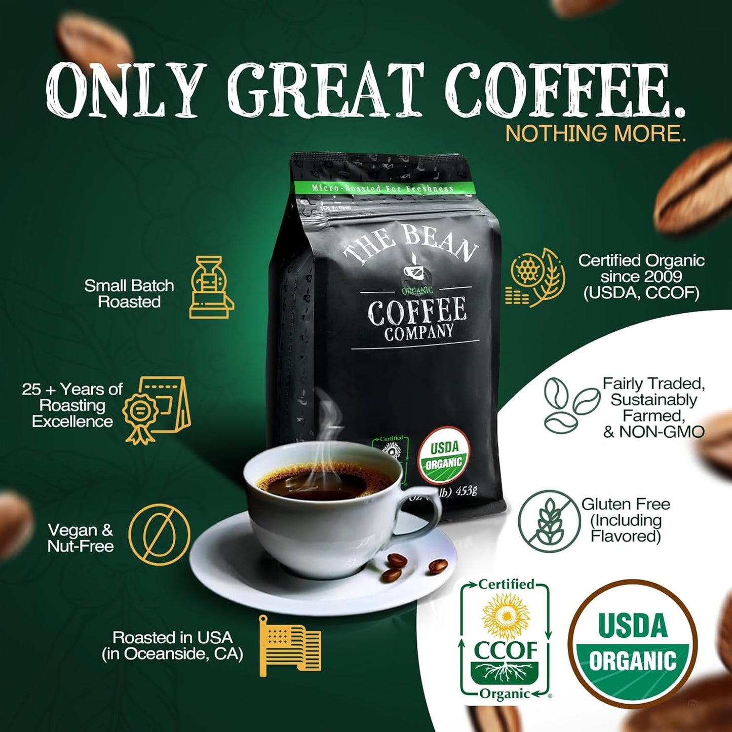 The Bean Organic Coffee Company Pumpkin Spice, Medium Roast, Ground Coffee, 16-Ounce Bag,Café molido tostado organico