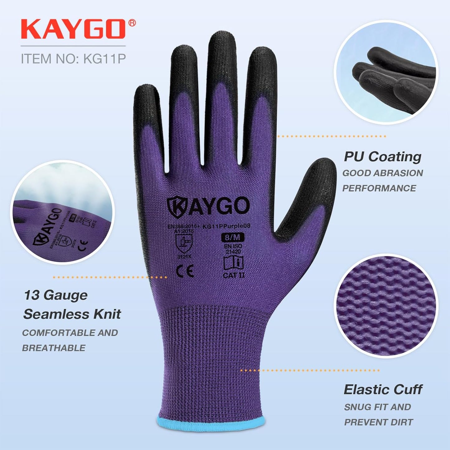 KAYGO Safety Work Gloves PU Coated,12 Pairs KG11PB Seamless Knit Glove for Men and Women, with Smooth Grip on Palm and Fingers, Ideal for General Duty Work (L, Purple)