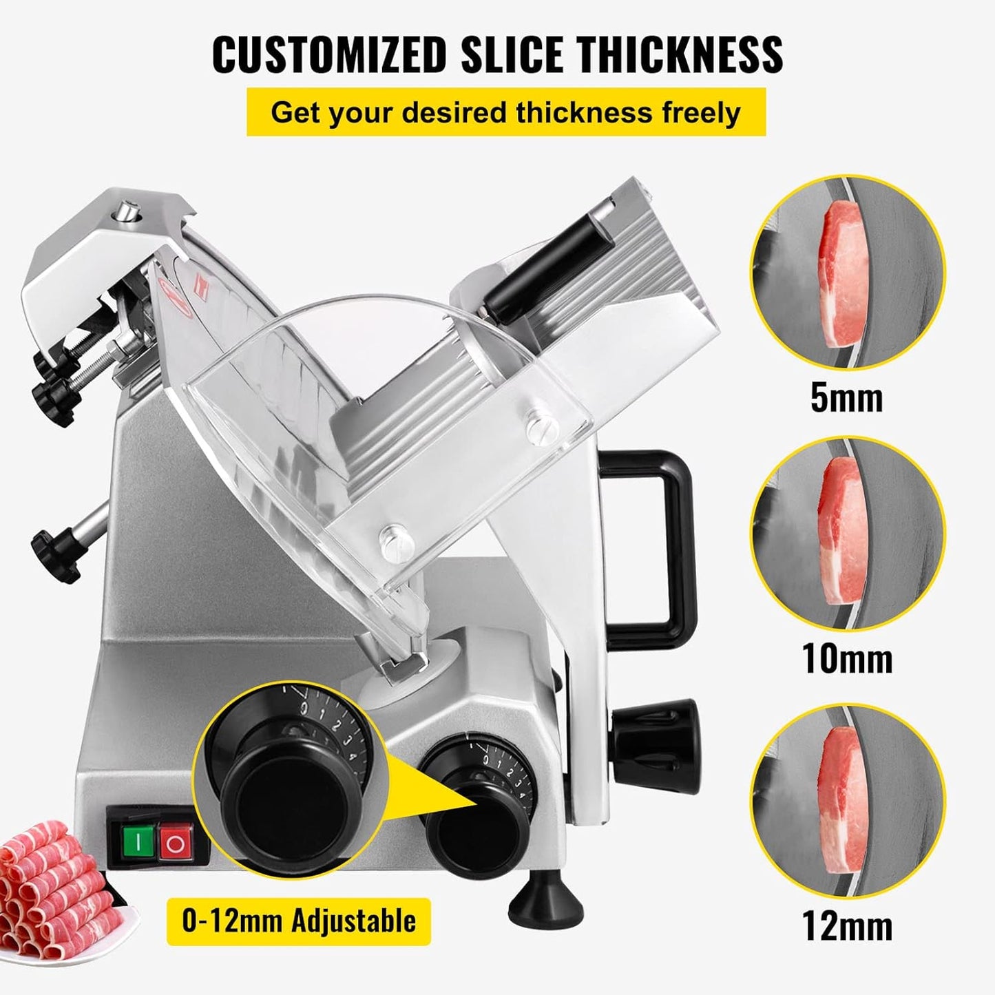 VEVOR Commercial Meat Slicer, 200W Electric Deli Food Slicer, 0-12mm Adjustable Thickness Electric Meat Slicer, 1200RPM Meat Slicer with 8.7'' Chromium-plated Steel Blade for Home & Commercial Use