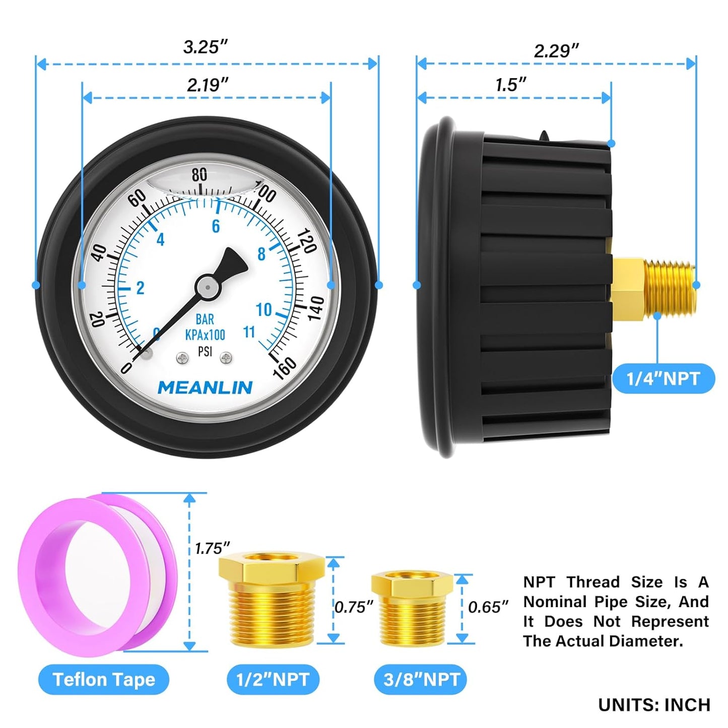 MEANLIN MEASURE 0~160Psi Stainless Steel 1/4" NPT 2.5" FACE DIAL Liquid Filled Pressure Gauge, Center Back Mount (with Rubber Protective Sleeve), with 1/2" NPT and 3/8" NPT Hex Bushing