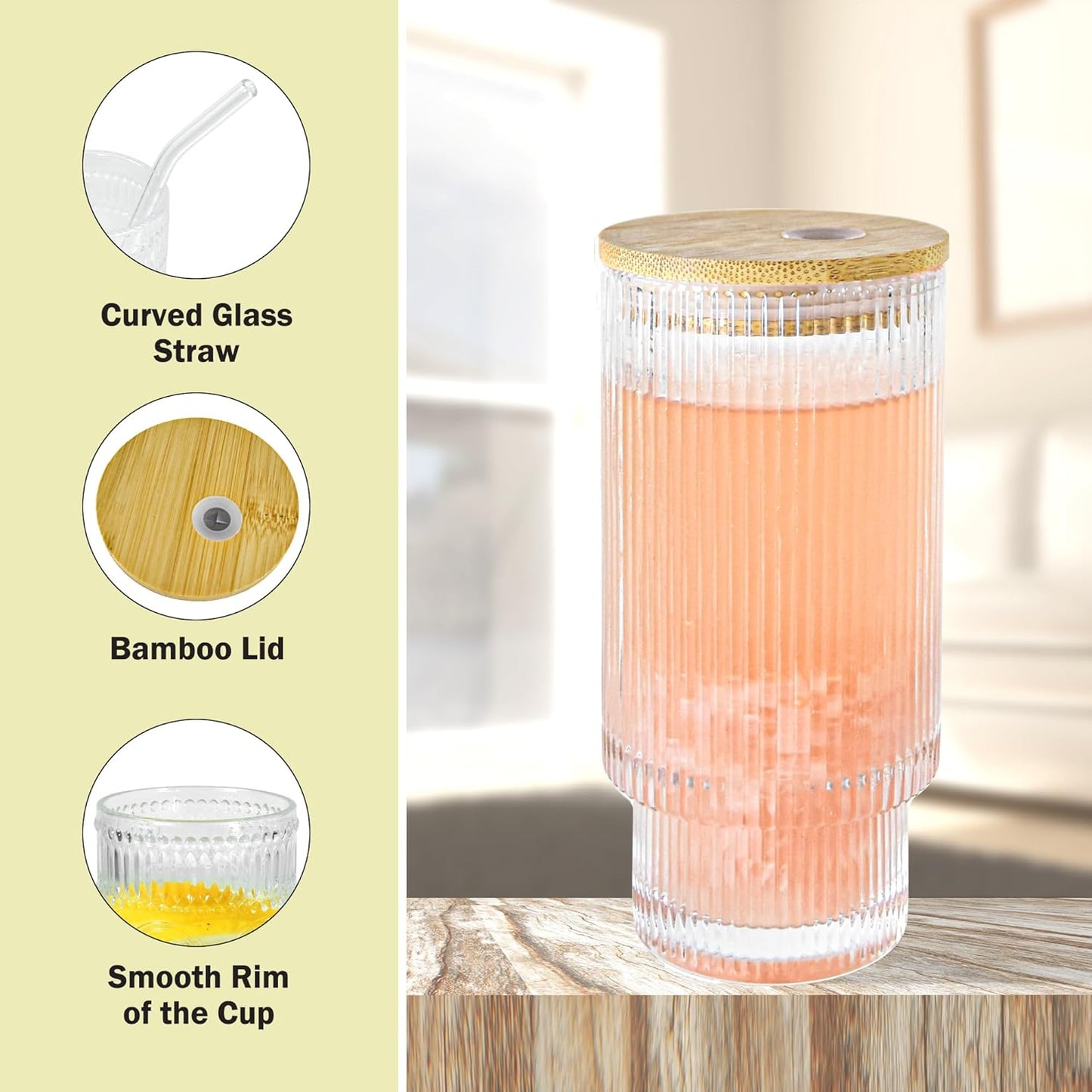 2 Pcs 16oz Glass Cups with Lids and Straws Ribbed Vintage Iced Coffee Glasses for Tea Iced Coffee Soda Cocktail Smoothie(Ribbed*2)