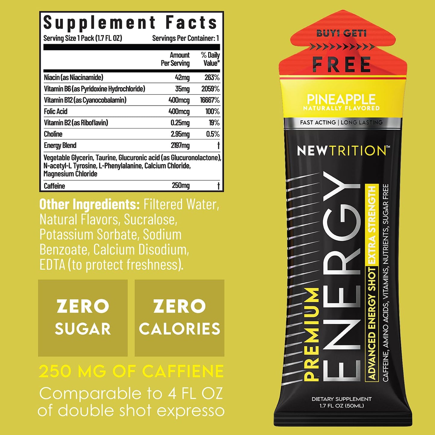 NewTrition® Extra Strength Energy Shots, 250mg Caffeine Energy Shots with Vitamin B & Amino Acids, Sugar-Free Vitamin Energy Shot, 1.7 fl oz (Pack of 24, Pineapple)