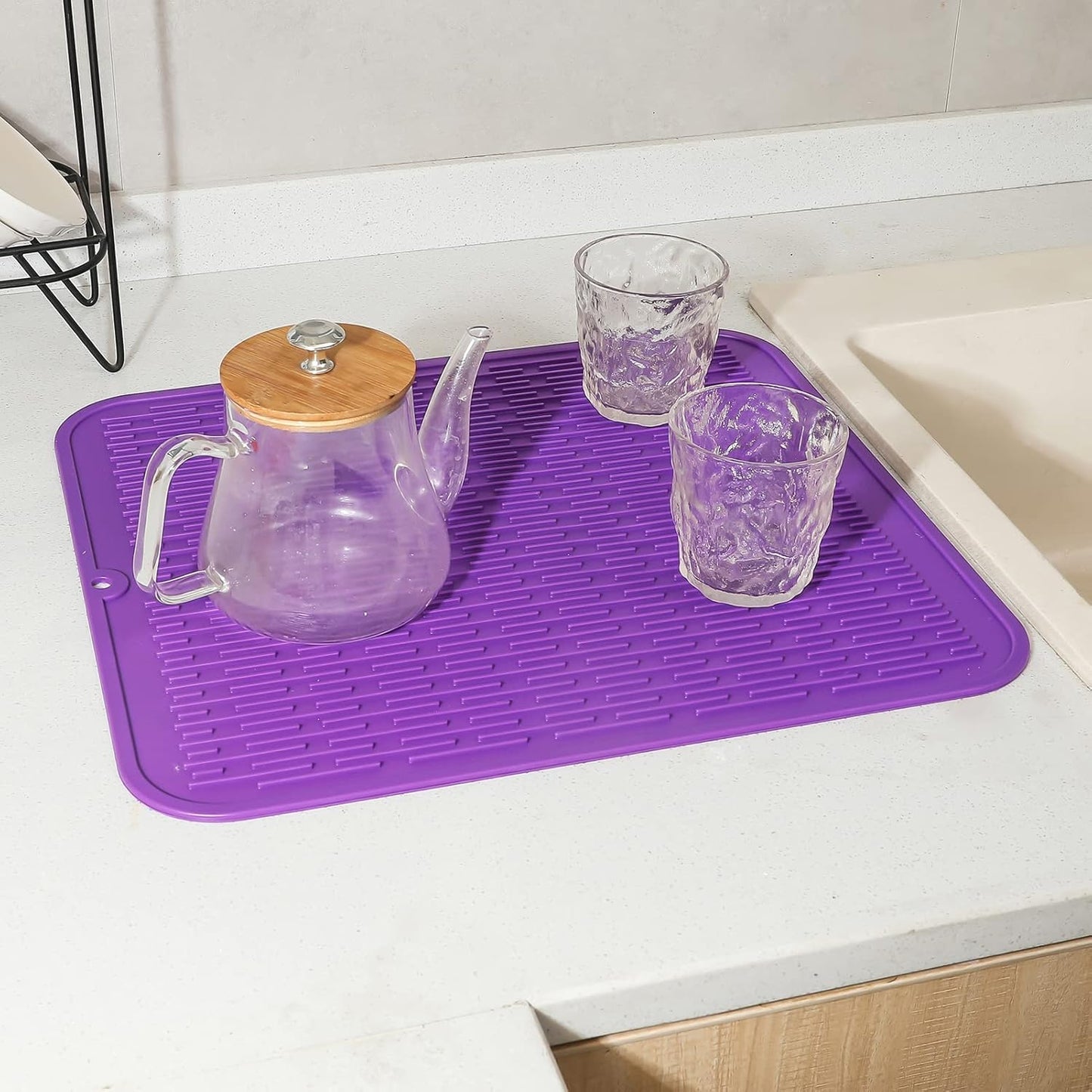 Silicone Dish Drying Mat for Multiple Usage,Easy clean,Eco-friendly,Heat-resistant Silicone Mat for Kitchen Counter or Sink,Refrigerator or Drawer Liner Purple 2XL 24 inches x 18 inches
