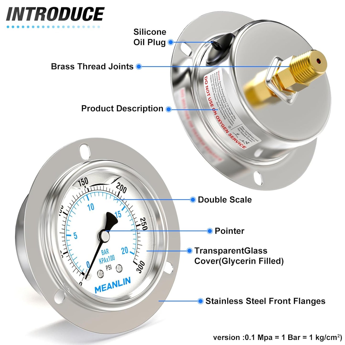 MEANLIN MEASURE 0~300Psi Liquid Filled Pressure Gauge Front Flange Panel Mount, 1/4" NPT 2.5" FACE DIAL Stainless Steel Case with Phillips Screw and Nut, +/-3-2-3%