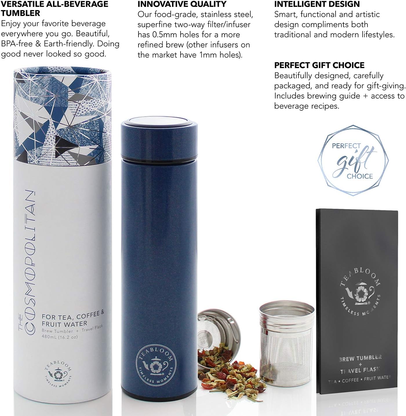Teabloom - The ORIGINAL All-Brew Travel Tumbler & Thermos | OPRAH’s Favorite | 16oz/480ml Insulated Water Bottle/Tea Flask/Cold Brew Coffee Mug