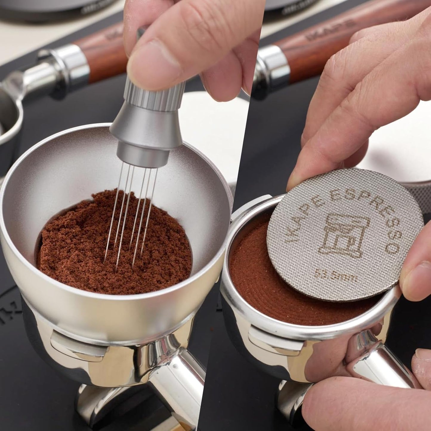 IKAPE Magnetic Dosing Funnel Set, 53MM Espresso Dosing Ring & Puck Screen Kit Compatible with Delonghi 54MM Bottomless Portafilter - with 8 Small Magnet (Silver)