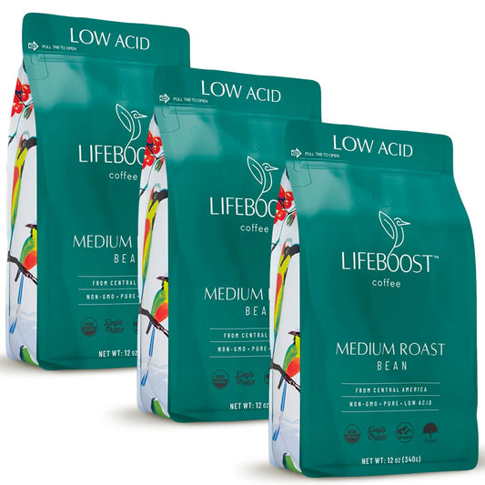Lifeboost 3 Pack Medium Roast Whole Bean Coffee - Non-GMO Low Acid Single Origin USDA Organic Coffee - Third Party Tested For Mycotoxins & Pesticides - 12 Ounces