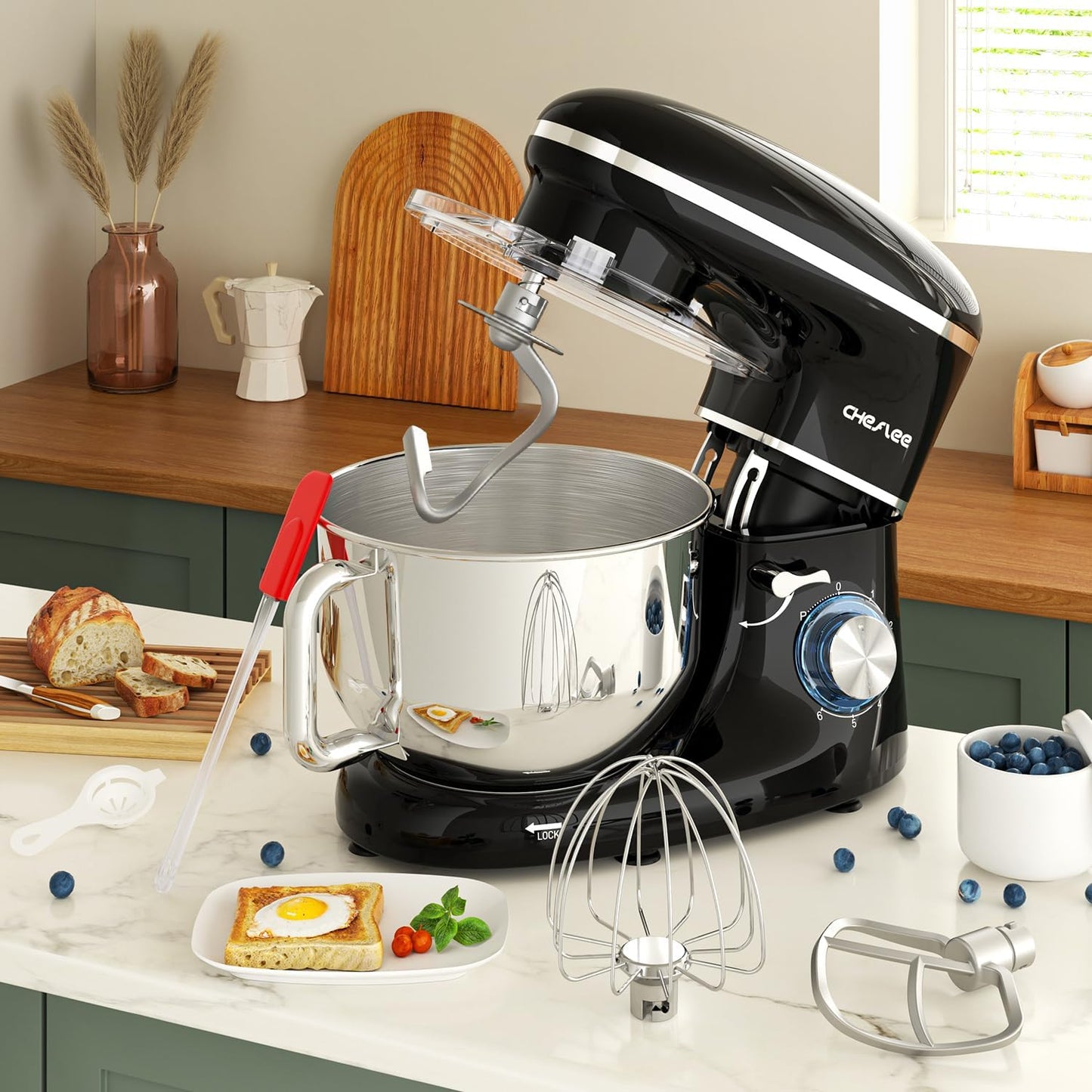 CHeflee Stand Mixer,660W 6+P With 6.5QT Stainless Steel Bowl,Dough Hook, Wire Whip & Beater,for Most Home Cooks,Black