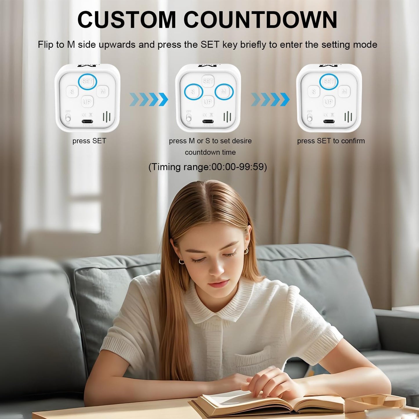 Rotating Cube Visual Timer 5, 25, 10, 50 Min Preset + Custom Countdown, Rechargeable Desk Productivity Flip Timer w/Silicone Case, Silent Mode, Ideal for ADHD Tool Study Work School (White)