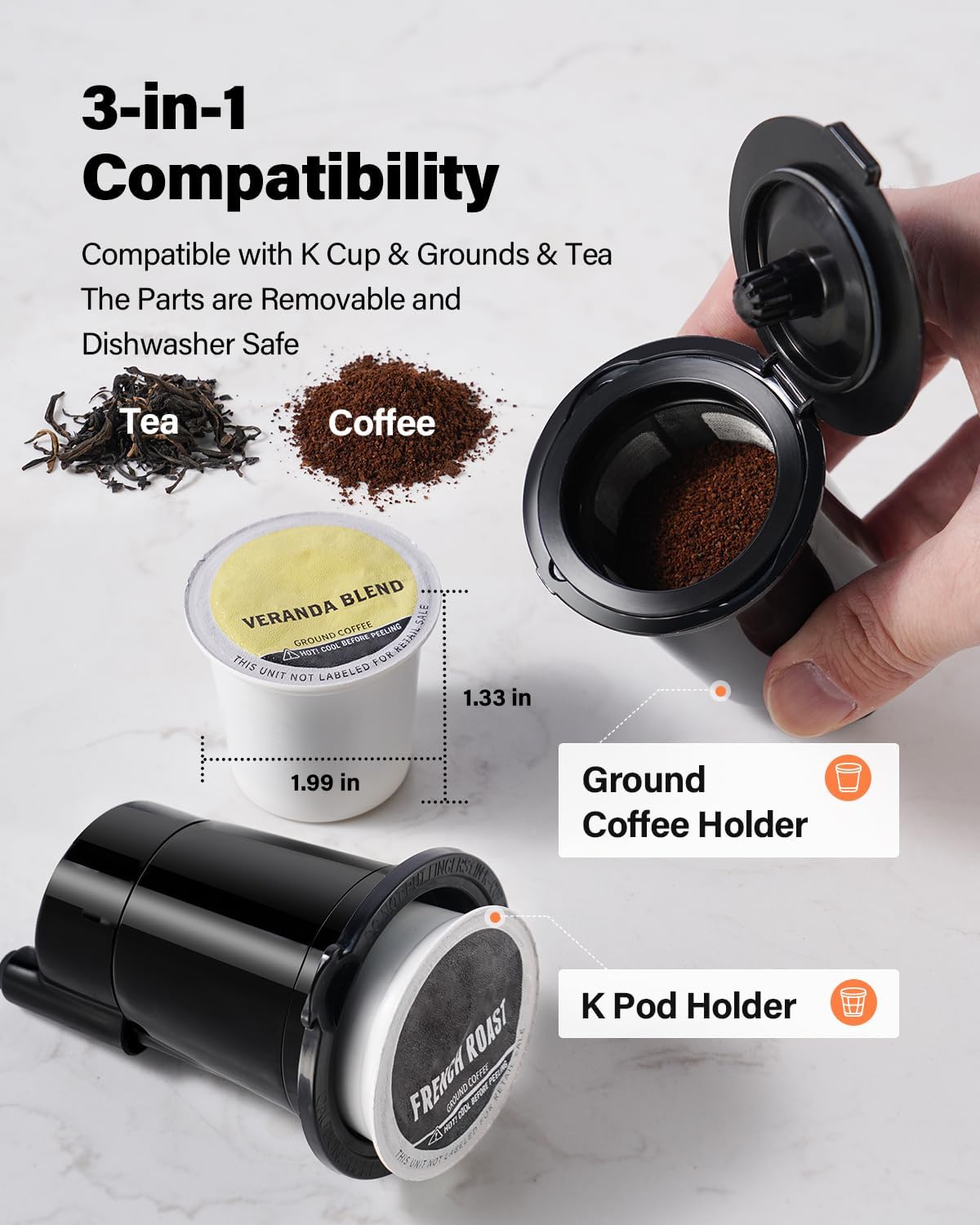 K Cup Coffee Maker With Bold Setting, Single Serve Hot & Iced Coffee Maker for K-Cup and Grounds, 52oz Removable Water Tank, 6 to14oz Brew Sizes, Pod Coffee Machine With Reusable Filter, Gray
