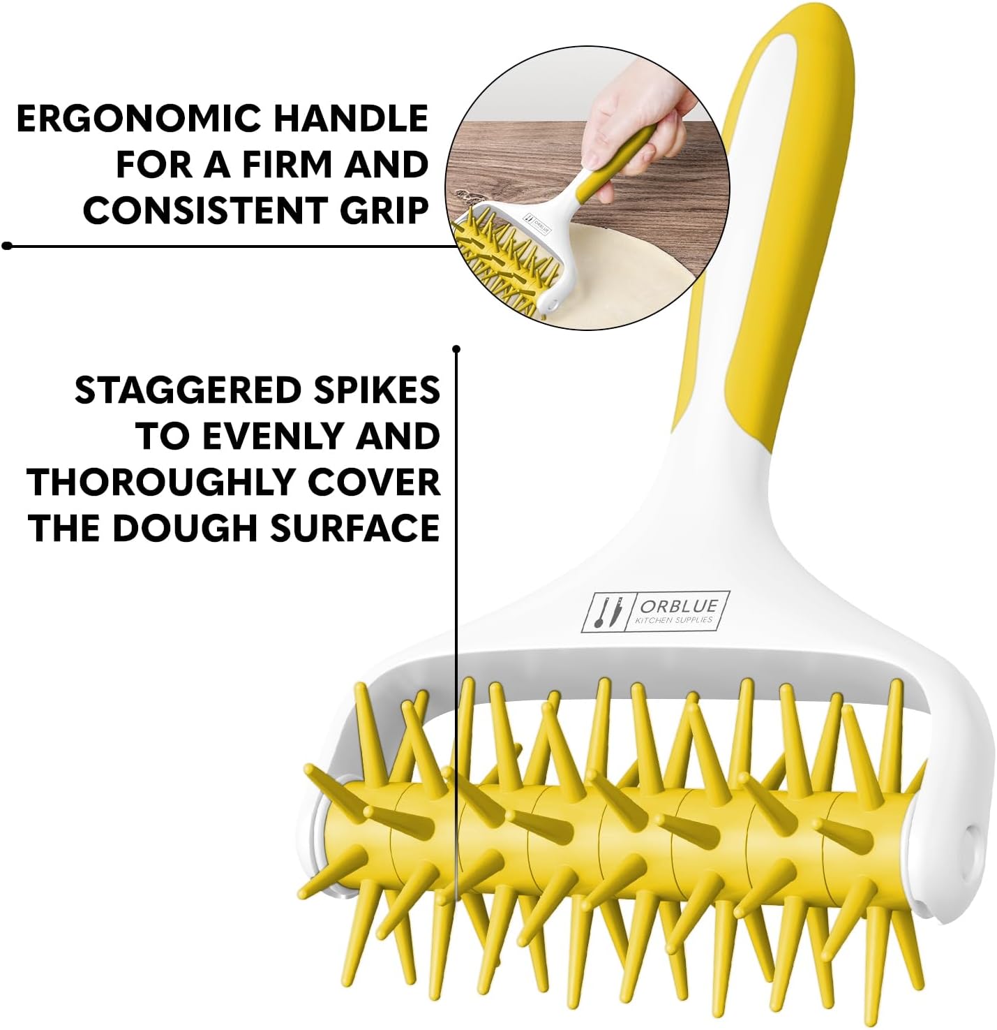 Orblue Pizza Dough Docker, Pastry Roller with Spikes, Pizza Docking Tool for Home & Commercial Kitchen - Pizza Making Accessories that Prevent Dough from Blistering, Yellow
