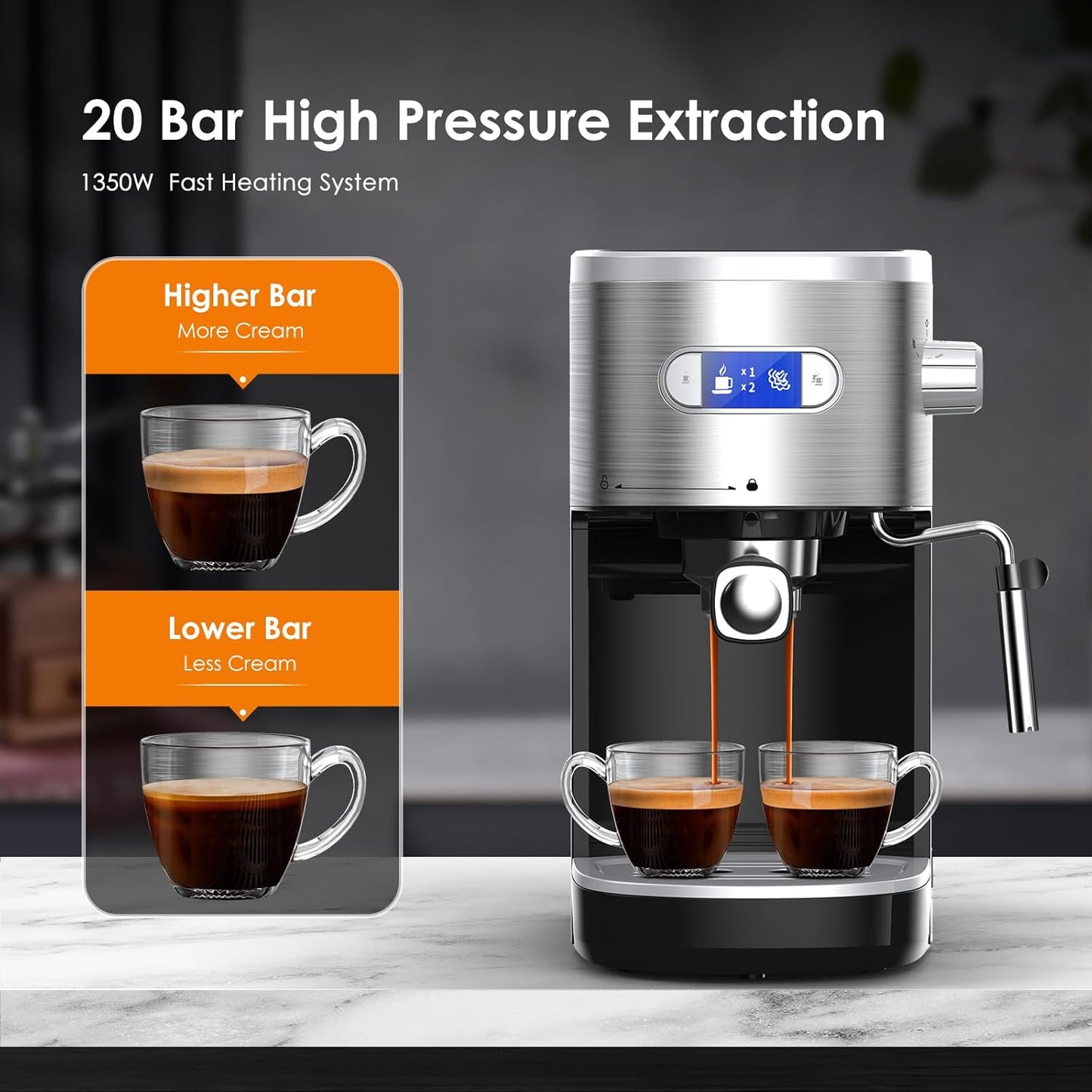 COWSAR Espresso Machine 20 Bar, Compact Espresso Maker with Milk Frother Steam Wand, Expresso Coffee Machines with 45 OZ Removable Water Tank for Cappuccino, Latte, Home
