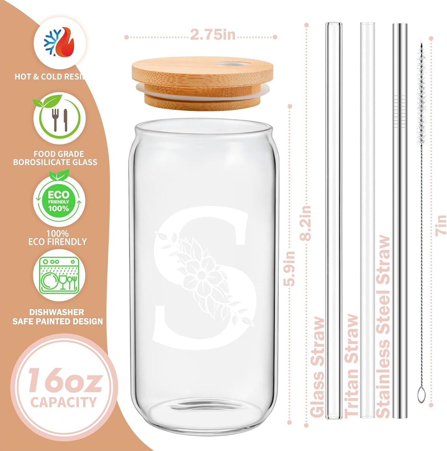 Personalized Gifts for Women, Monogrammed Glass Cups with Lids and Straws, Custom Tumbler, Cute Customized Mug, Aesthetic Stuff, Initial Iced Coffee Cup, Drinking Glasses, Birthday Teacher Gifts, B