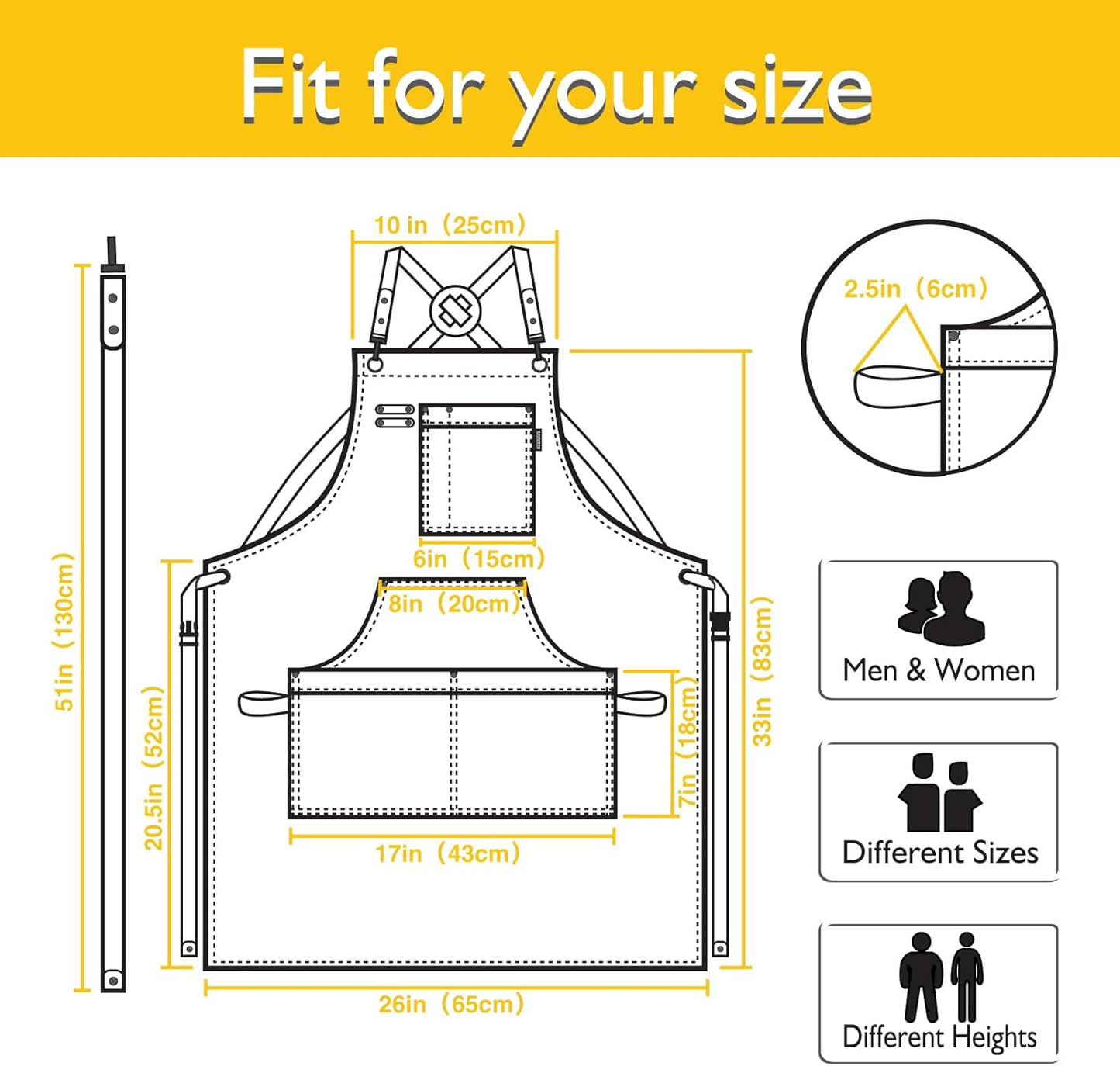 5 Pack Kitchen Apron, Work Apron, Canvas, Multiple Pockets, Gardening, Painting, BBQ, Artist, Carpenter, Sizes M to XXL, Yellow