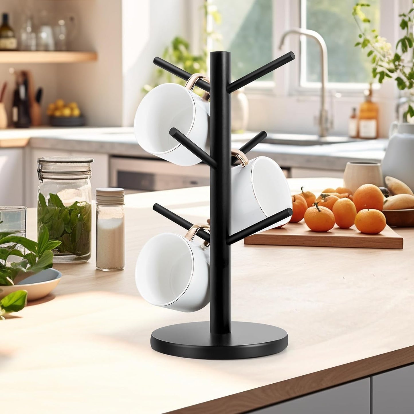Mug Holder Tree, Thicker Base Coffee Cup Holder for Countertop, Sturdy Wood Coffee Mug Hanger with 6 Hooks, Non-Slip Cup Rack for Home Storage and Organizer