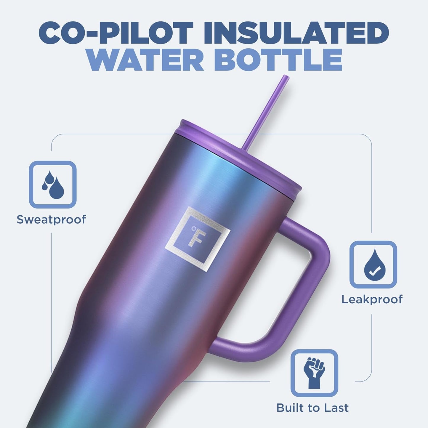 IRON °FLASK Co-Pilot Insulated Mug w/Straw & Flip Cap Lids - Cup Holder Bottle for Hot, Cold Drink - Leak-Proof - Water, Coffee Portable Travel Mug - Cobalt Blue, 40 Oz
