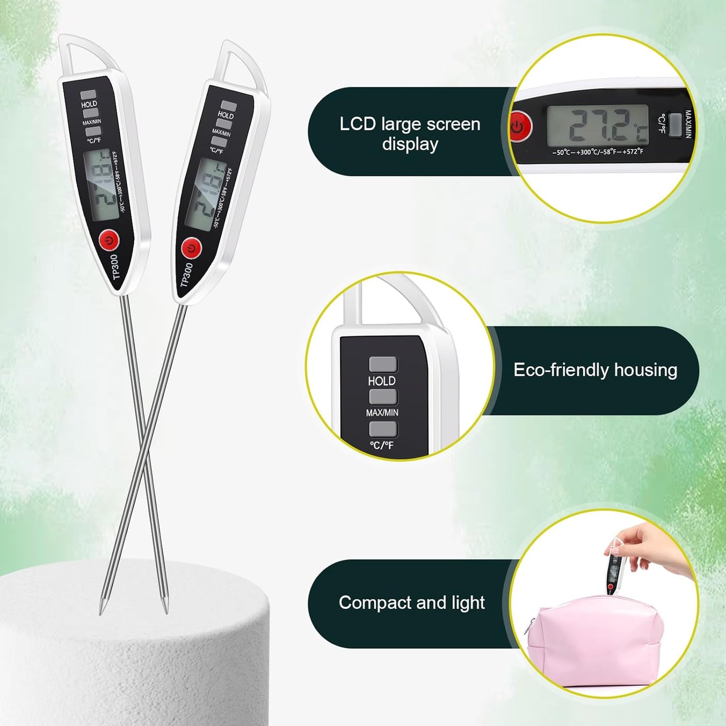 6 Set Waterproof Food Thermometer for Water, Liquid, Candle and Cooking Digital Meat Thermometer with Long Probe Instant Read for Kitchen BBQ Grill Candy (White)