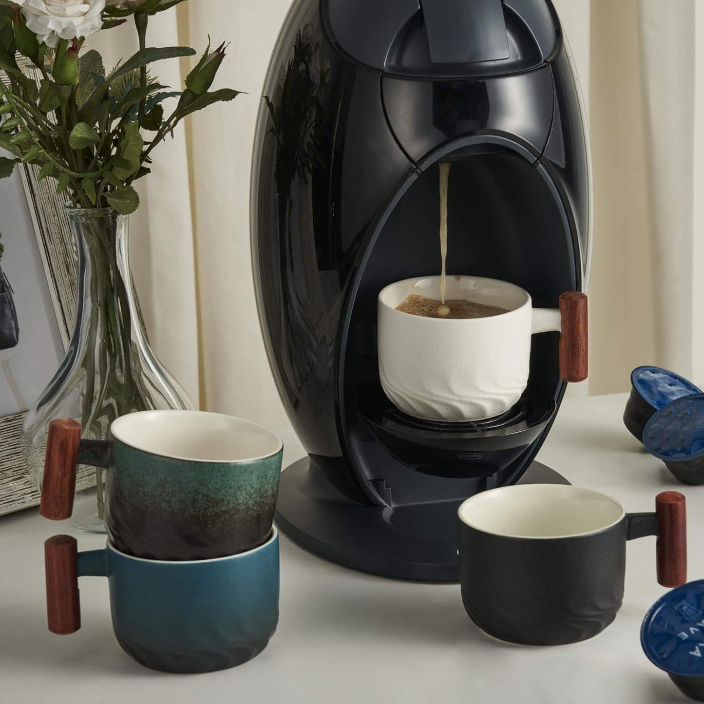 2.5oz Ceramic Espresso Cups with Wooden Handle, Small Coffee Cups Double Shot Espresso Cups Set of 4, WG025