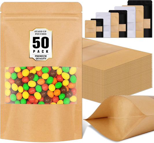 50 Pack Zip Lock Bags, Reusable Snack Bags with Window, Cookie Bags for Pastry, Herbs, Jerky, Spices, Soap, Pet, Gifts, Resealable Baggies for Small Business, Farm Stand Supplies