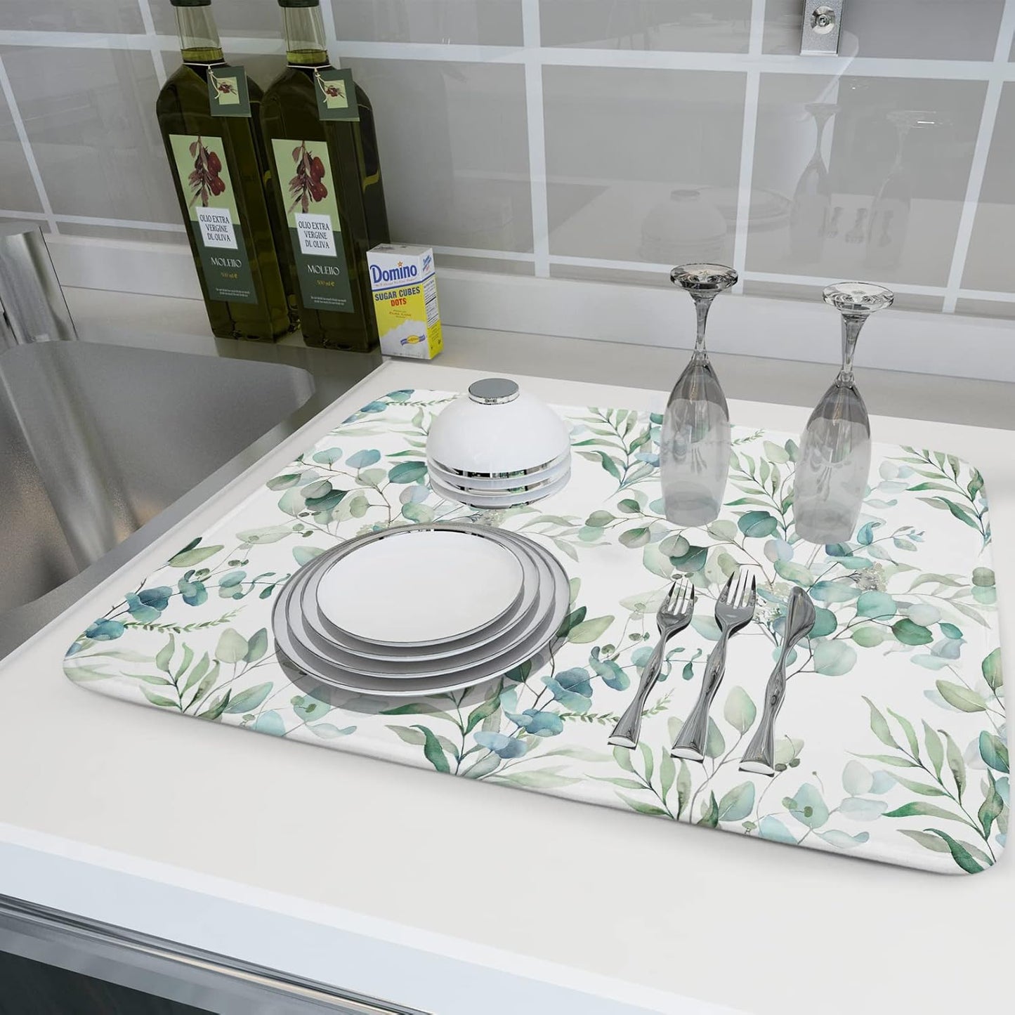 Sage Green Leaves Dish Drying Mats for Kitchen Counter 18x24 Inch, Leaves Kitchen Drying Mat,Watercolor Herbs Dishes Pad Dish Drainer Rack Mats Absorbent Fast Dry Kitchen Accessories