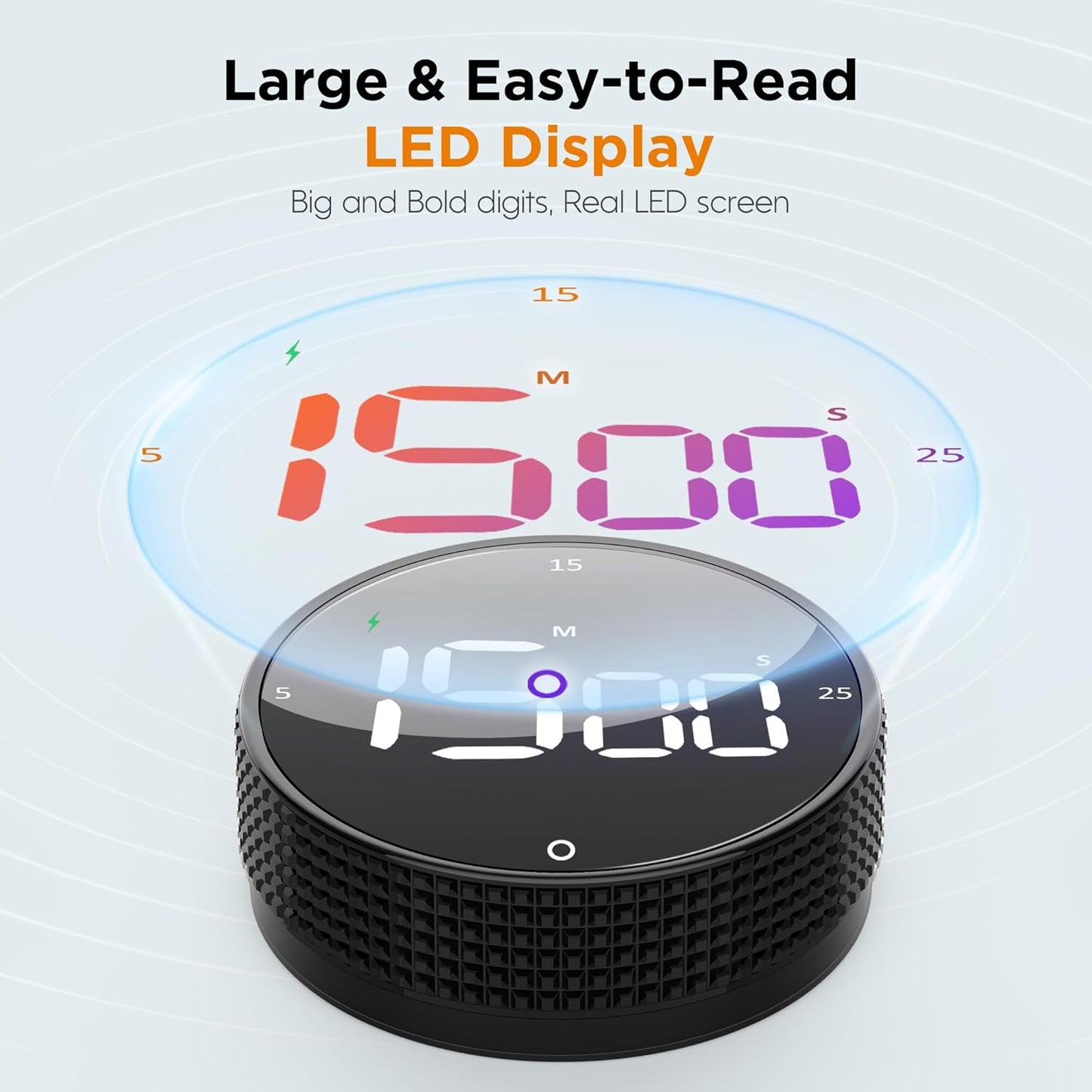 Rechargeable Magnetic Kitchen Timer-Loud Alarm Visual Productivity Timer&Pomodoro Timer with Large LED Display,3 Presets(5/15/25min),3 Volume Levels.Ideal for Cooking Fitness&Office Use(Blk)