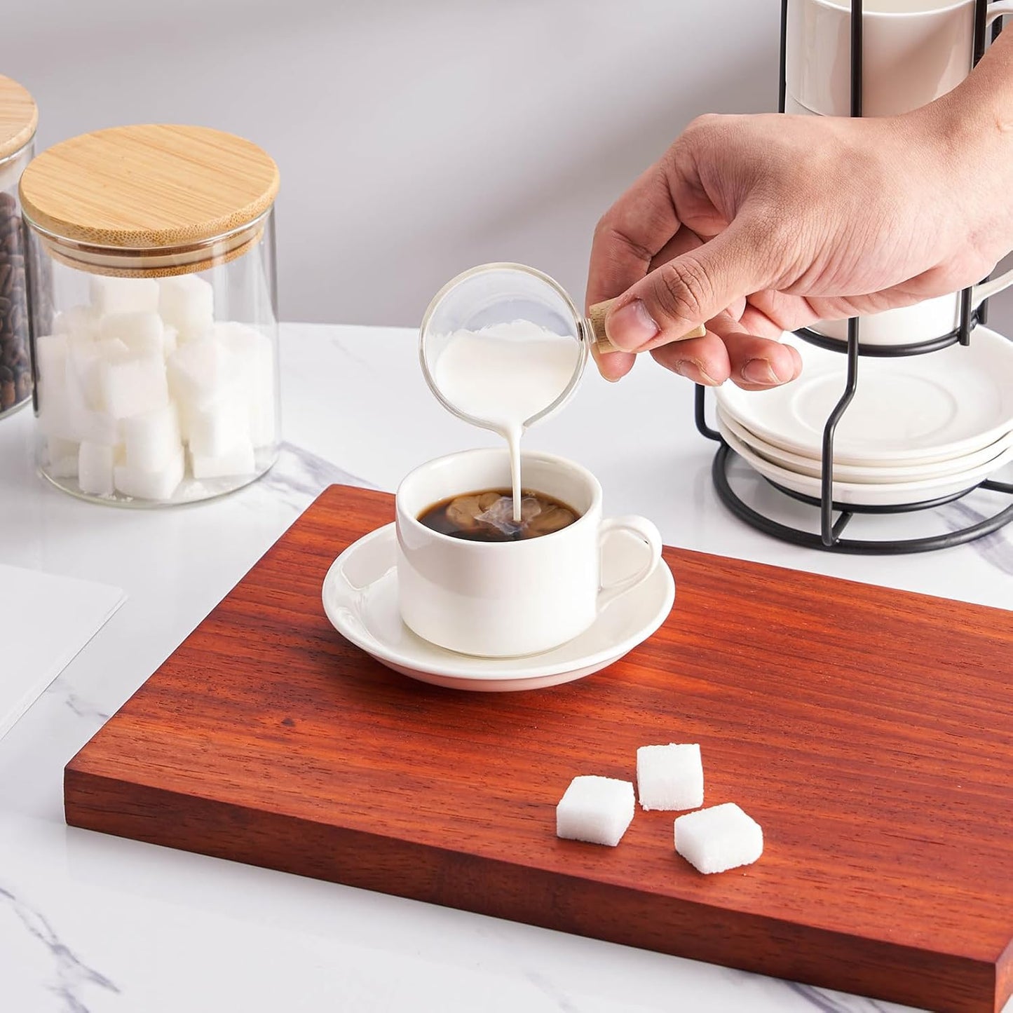 4oz Porcelain Stackable Espresso Cups with Saucers and Metal Stand Set of 4, Stackable Cappuccino Cups, White Expresso Shots Cup Set for Coffee Drinks, Latte, Americano, Tea
