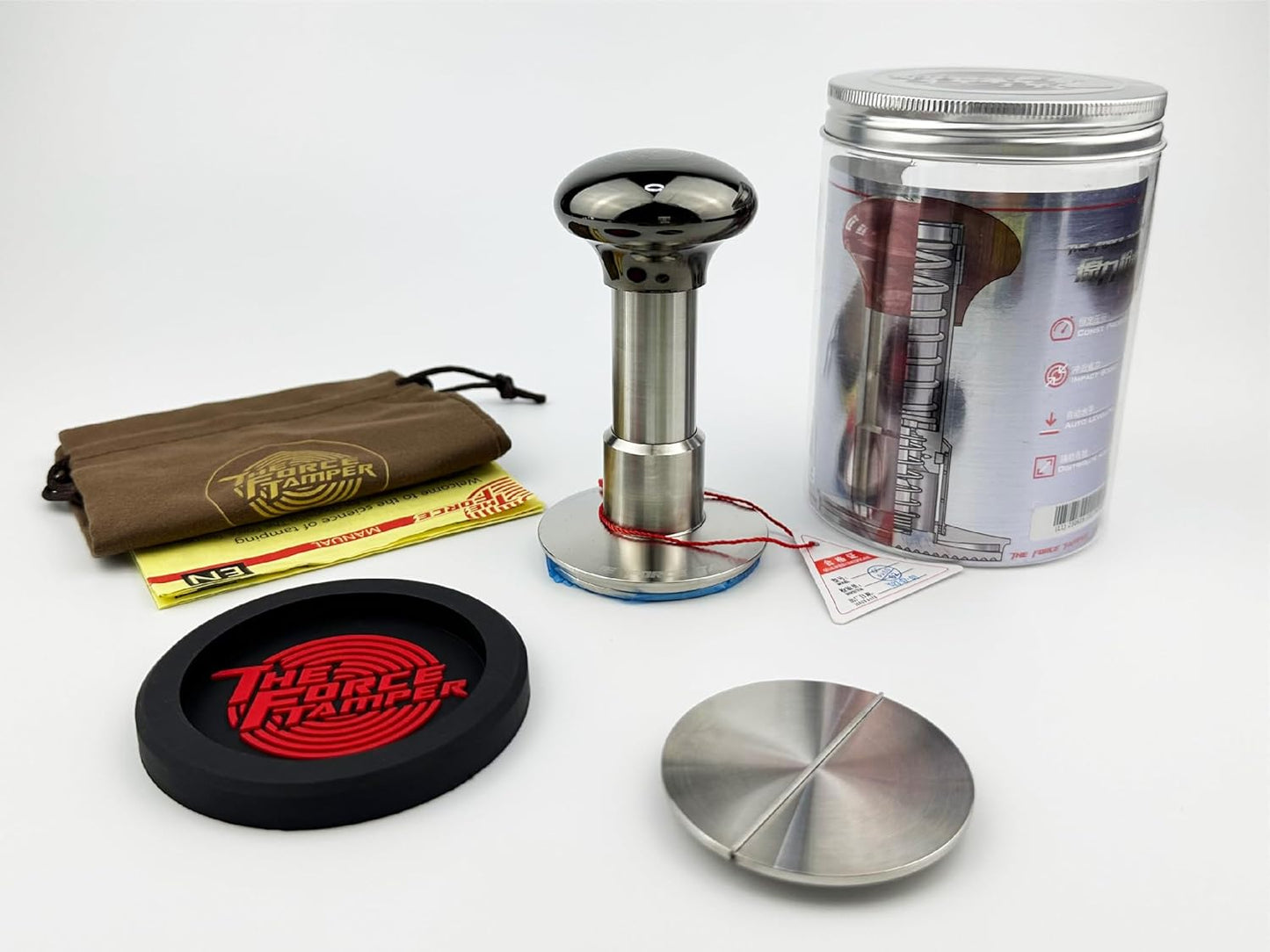 The Force Tamper Automatic Impact Adjustable Constant Pressure and Autoleveling Coffee Tamper Black Mirror Jellyfish AL Handle Set Pro (Flat-Distribute Set, 58.35mm)