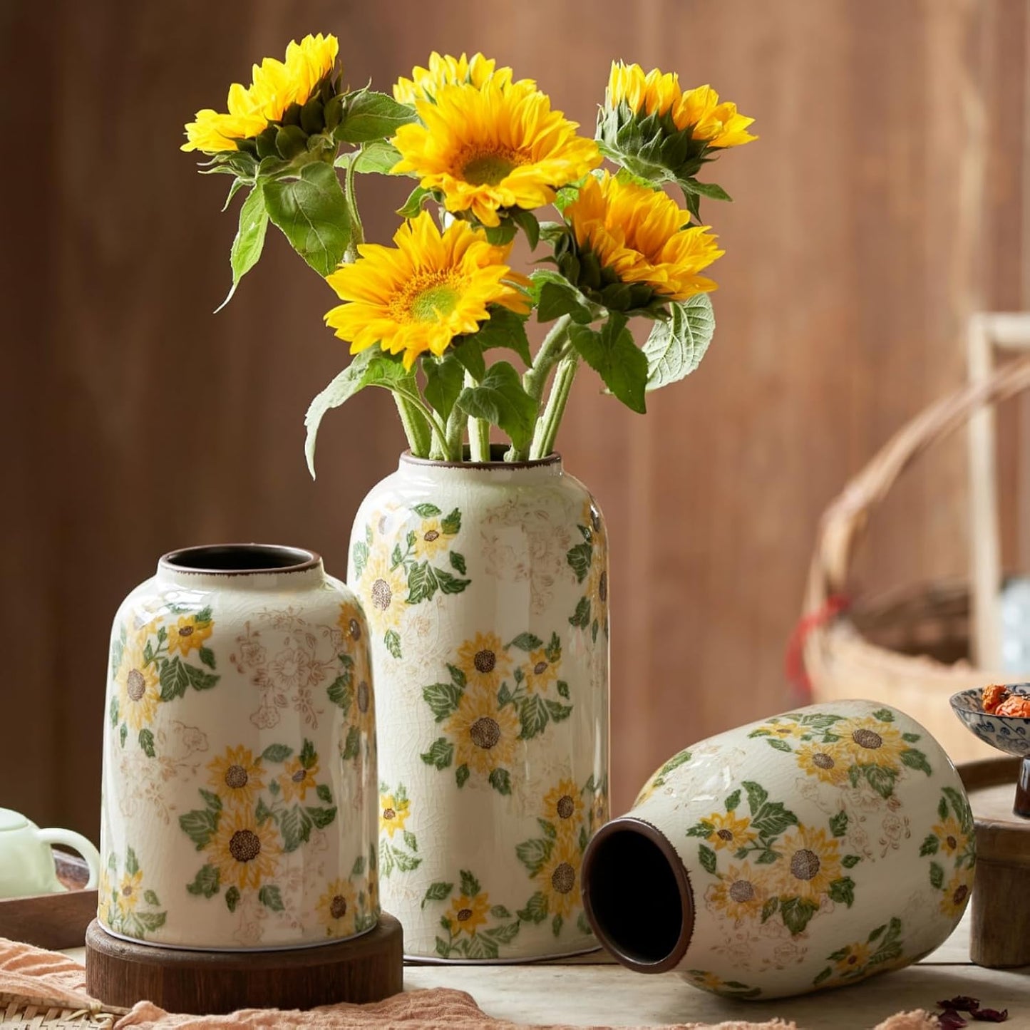 Vintage Ceramic Vase, 10.6 Inch Chinoiserie Sunflower Yellow Floral Vases, Retro Ice Cracked Rustic Antique Flower Vases for Modern Room Bathroom Shelf Home Decor (Large Cylinder)