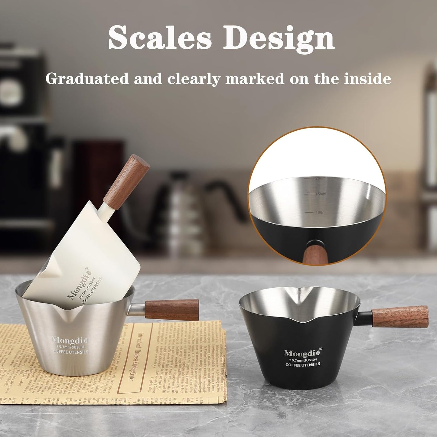 Mongdio Espresso Measuring Cup, Stainless Steel Espresso Shot Cups with Wooden Handle and Double Spouts, 6.8OZ/200ML, White