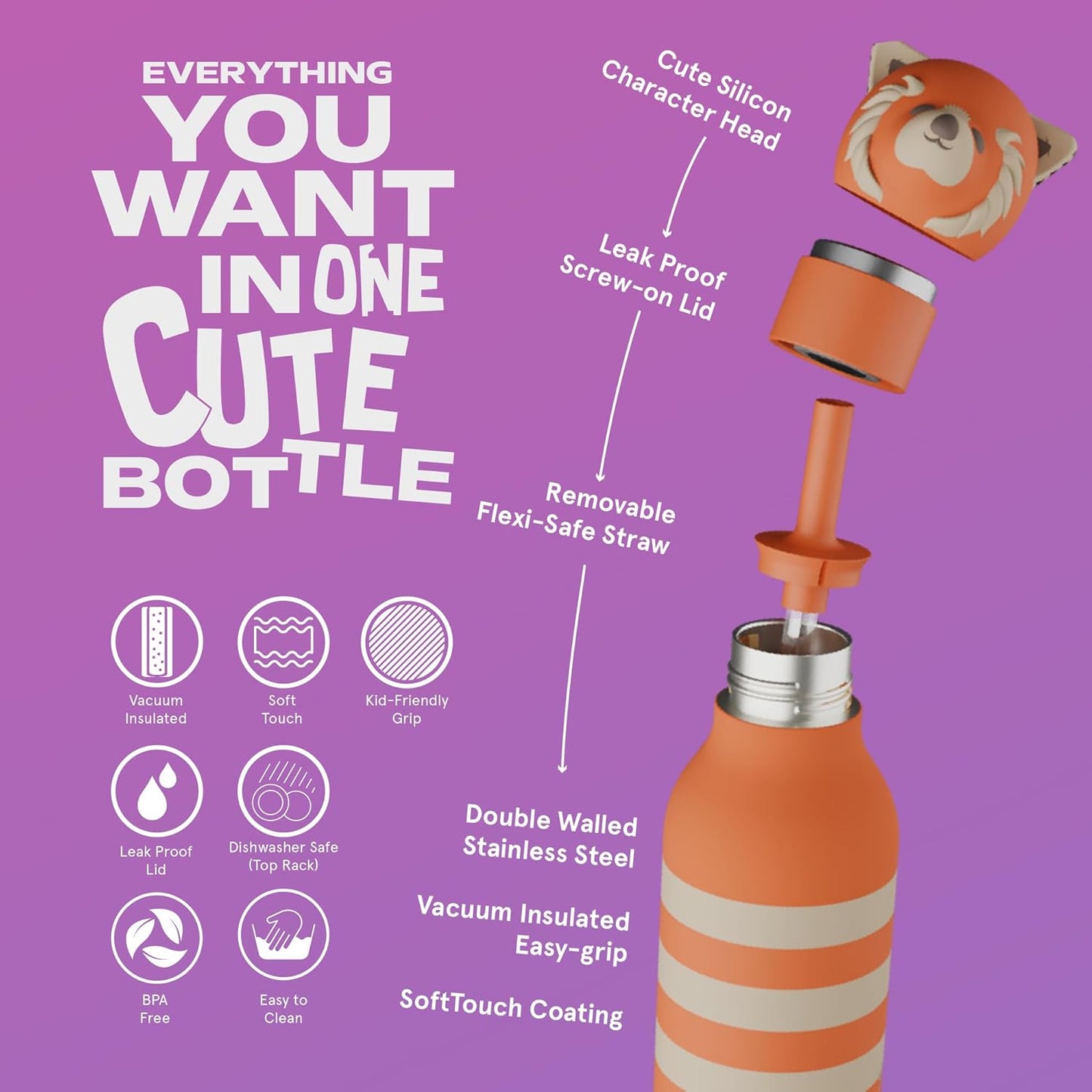 asobu Bestie Bottle Insulated Stainless Steel Water Bottle with Detachable Soft Animal Head Fun Drinking For Kids and Teens with Flexible Reusable Straw 16 Ounce