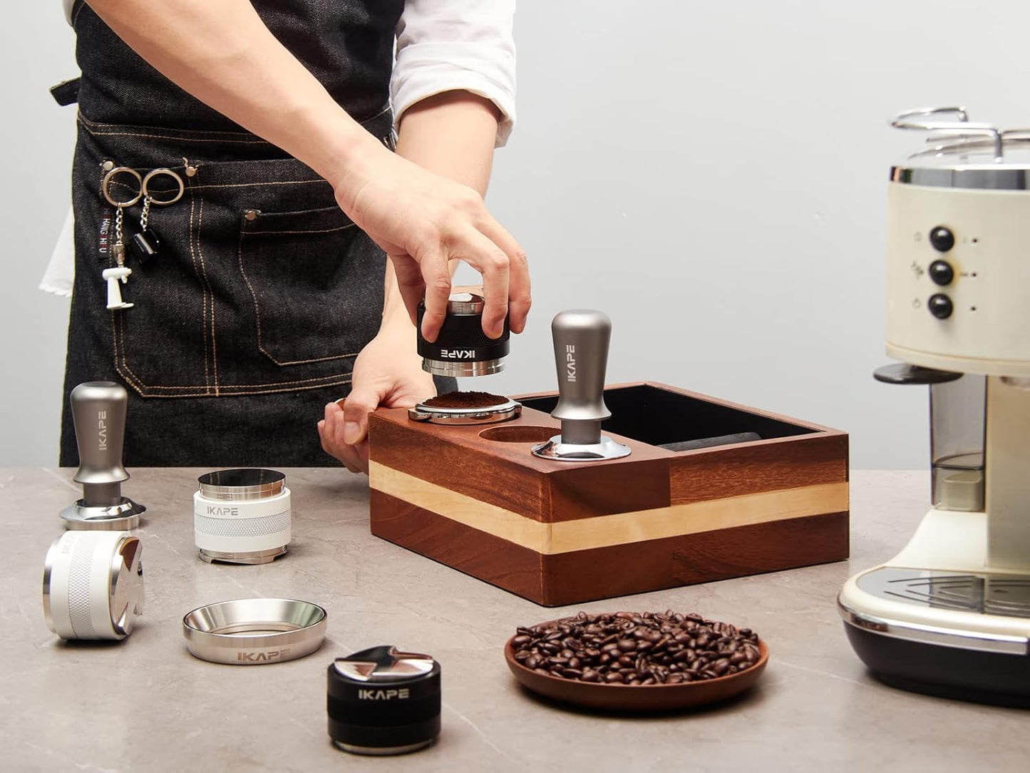 IKAPE 58.5mm Espresso Tamper, Premium Barista Coffee Tamper with Calibrated Spring Loaded, 100% Stainless Steel Base Tamper Compatible with Espresso Machine Rancilio, Gaggia Bottomless Portafilter