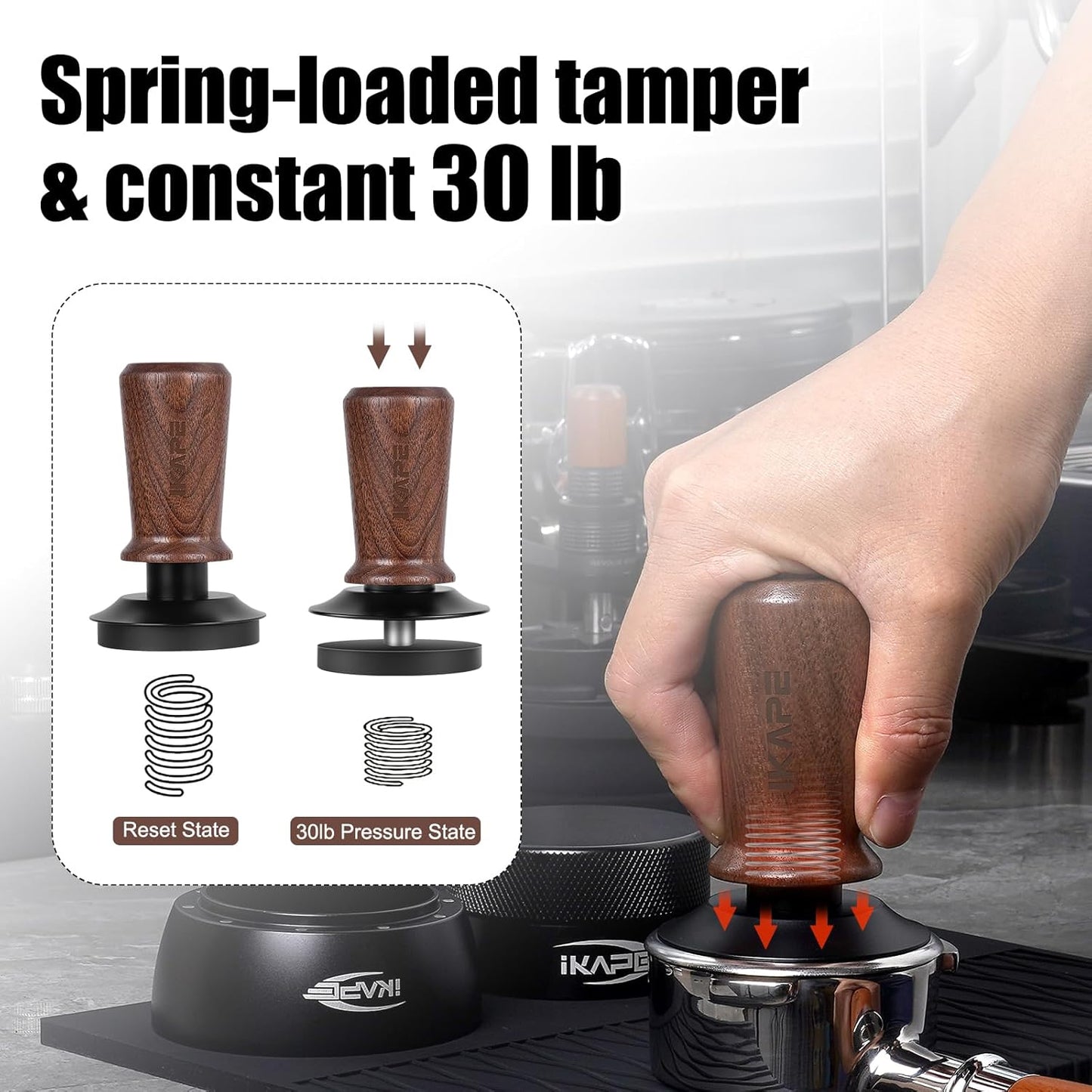 IKAPE 51mm Espresso Tamper, Spring-loaded Calibrated Tamper with Walnut Handle, Titanium Ripple Plating Base, Fits for 51 Espresso Machine Bottomless Portafilter