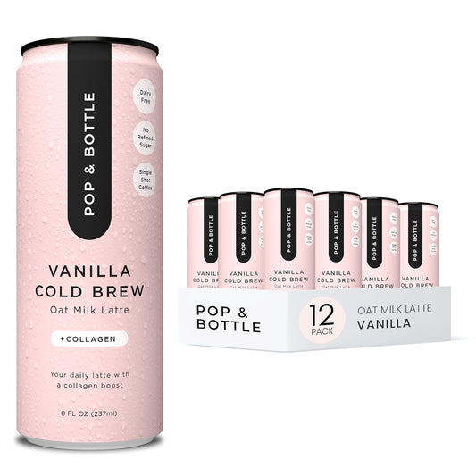 Pop & Bottle, Oat Milk Lattes - Cold Brew with Sustainably Sourced Marine Collagen, MCT Oil, Oat Milk, Organic, Dairy Free, Gluten Free, Great as Iced Coffee, Lightly Sweetened with Dates - Vanilla, 8 Fl Oz (12 Pack)