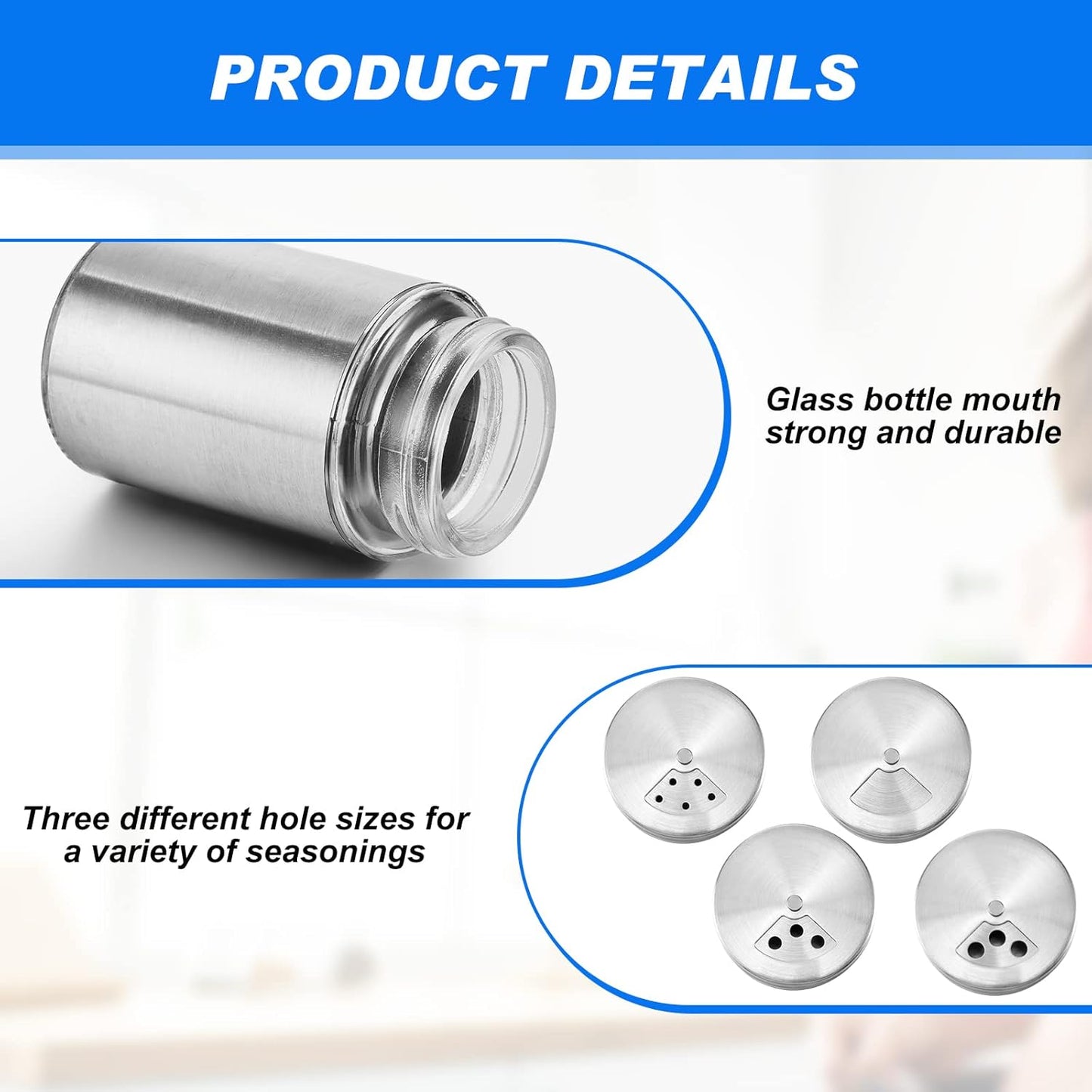Dandat 12 Pcs Salt and Pepper Shakers Stainless Steel Spice Shakers with Adjustable Pour Holes and Glass Window 3.4oz Salt Dispenser Spice Jars with Rotating Lids for Sugar Seasoning Home