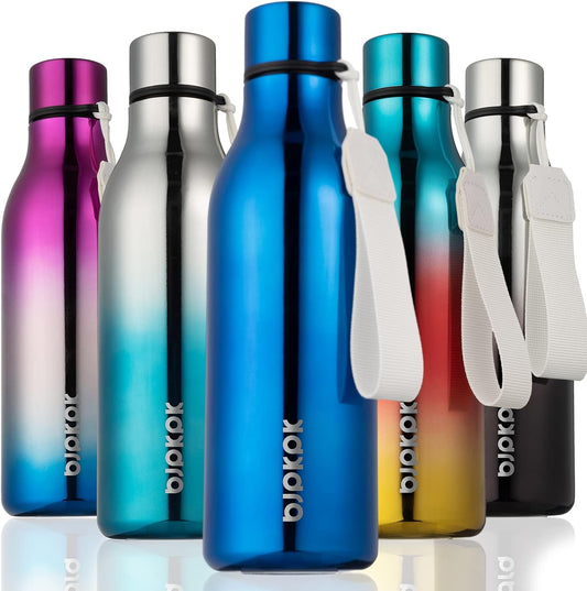 BJPKPK Insulated Water Bottles, 18 oz Stainless Steel Metal Water Bottle with Strap, BPA Free Leak Proof Thermos, Mugs, Flasks, Reusable Water Bottle for Sports & Travel, Shining Blue
