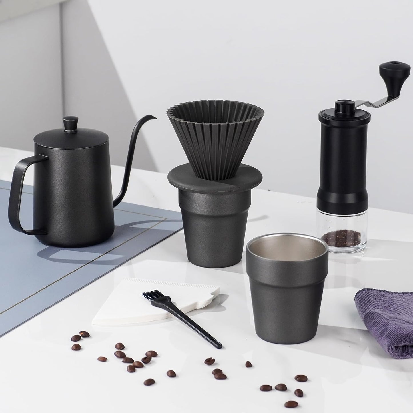 Travel Pour Over Cofiee Kit, Hand Drip Coffee Maker Set, All in One Camping Coffee Maker Kit, Pour Over Coffee Set, Ideal for Anniversary Birthday Gift