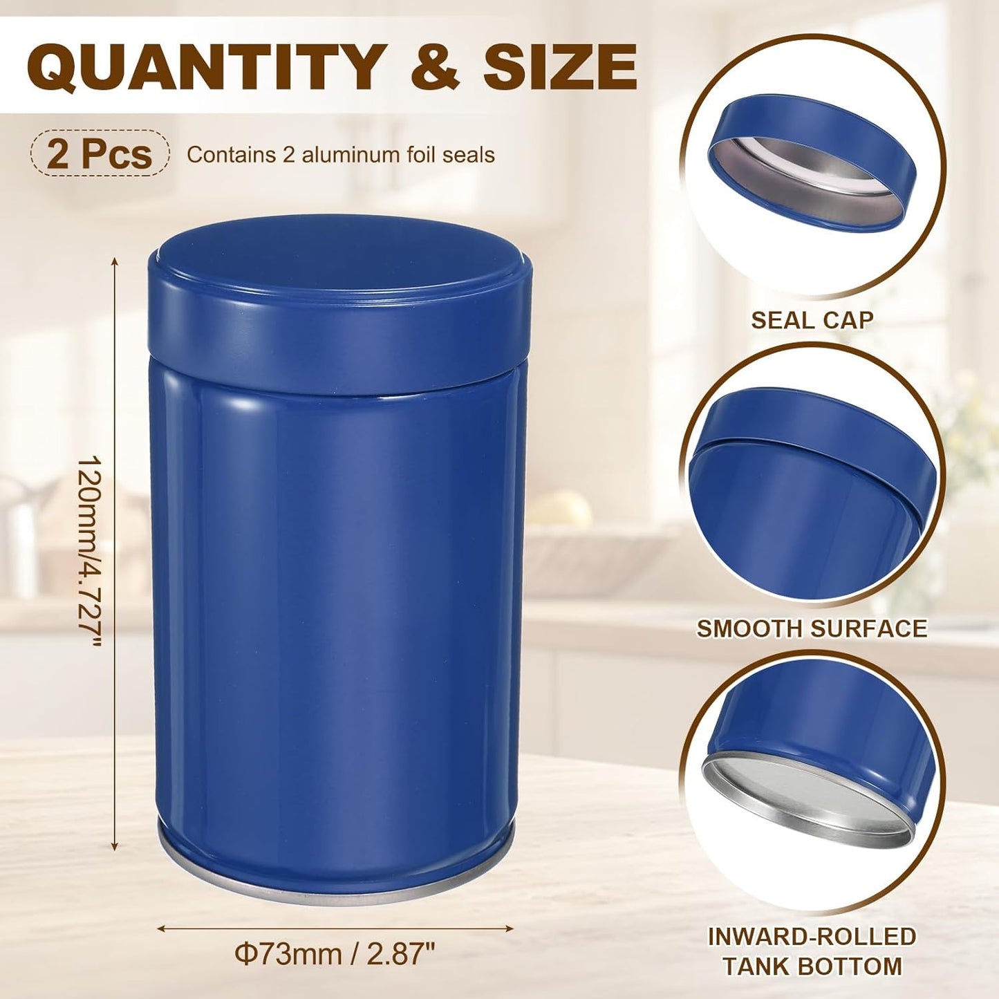 uxcell 2Pcs Round Tea Canisters, 5" x 3" Airtight Metal Tea Containers for Loose Tea, Coffee Beans, Spices - Durable, Compact, and Stylish Storage Tea Tin (Blue)