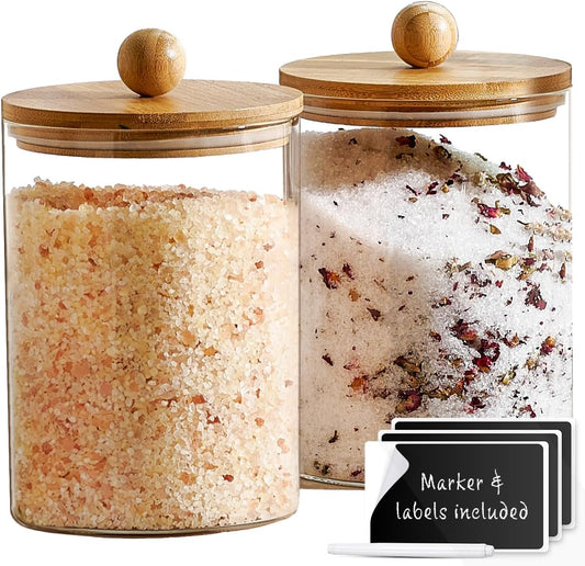 Set of 2 Large Glass Canisters for Kitchen Counter with Airtight Bamboo Lids + Marker & Labels - Cookie Jars with Wooden Lid, Food Storage Containers for Pantry, Flour Pasta Candy Coffee Pods - 68oz.