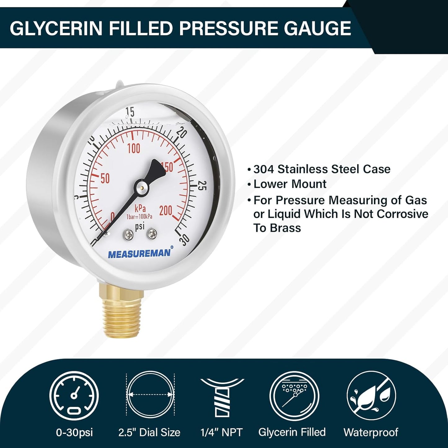 MEASUREMAN 2-1/2inch Dial Size, Oil Filled Pressure Gauge, 0-30psi/kpa, 304 Stainless Steel Case, 1/4 inchNPT Lower Mount