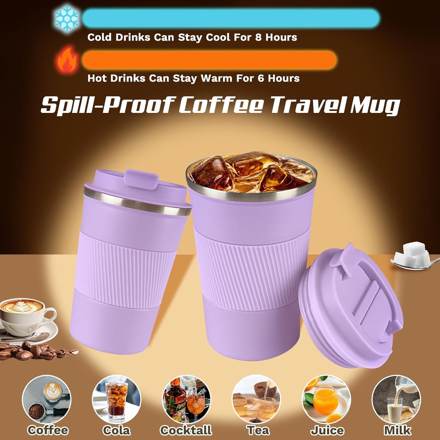 Vacuum-Insulated Stainless Steel Travel Coffee Mug, Leak-Proof Reusable Coffee Cup with Lid - Keep Hot & Cold Drinks for Hours, Durable Thermos Tumbler for Men & Women (3rd-Purple, 12OZ)